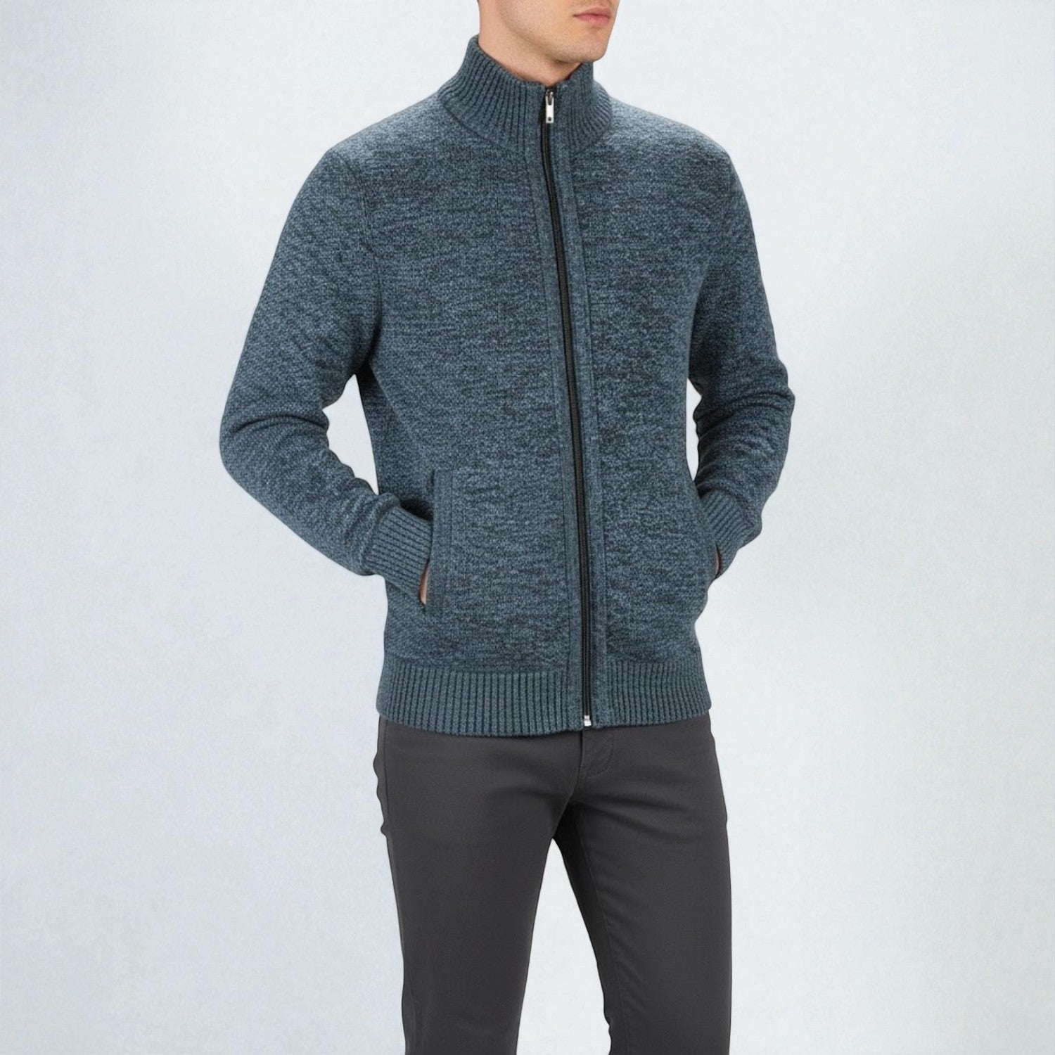 Elias – Men’s Zip - Up Cardigan with Stand - Up Collar - Sweater - Blue - Jones & Smith