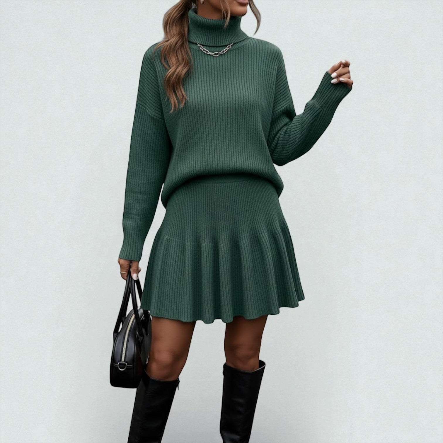Elira – Women's Wool Winter Knit Set with Roll Neck - 2 - Piece Sets - Green - Jones & Smith