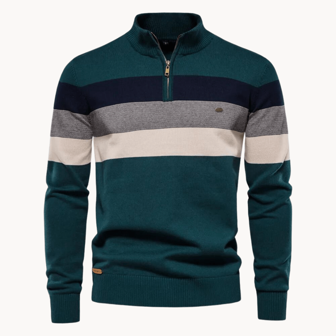 Fabian – Striped Knit Jumper with Quarter Zip - Sweater - Green - Jones & Smith