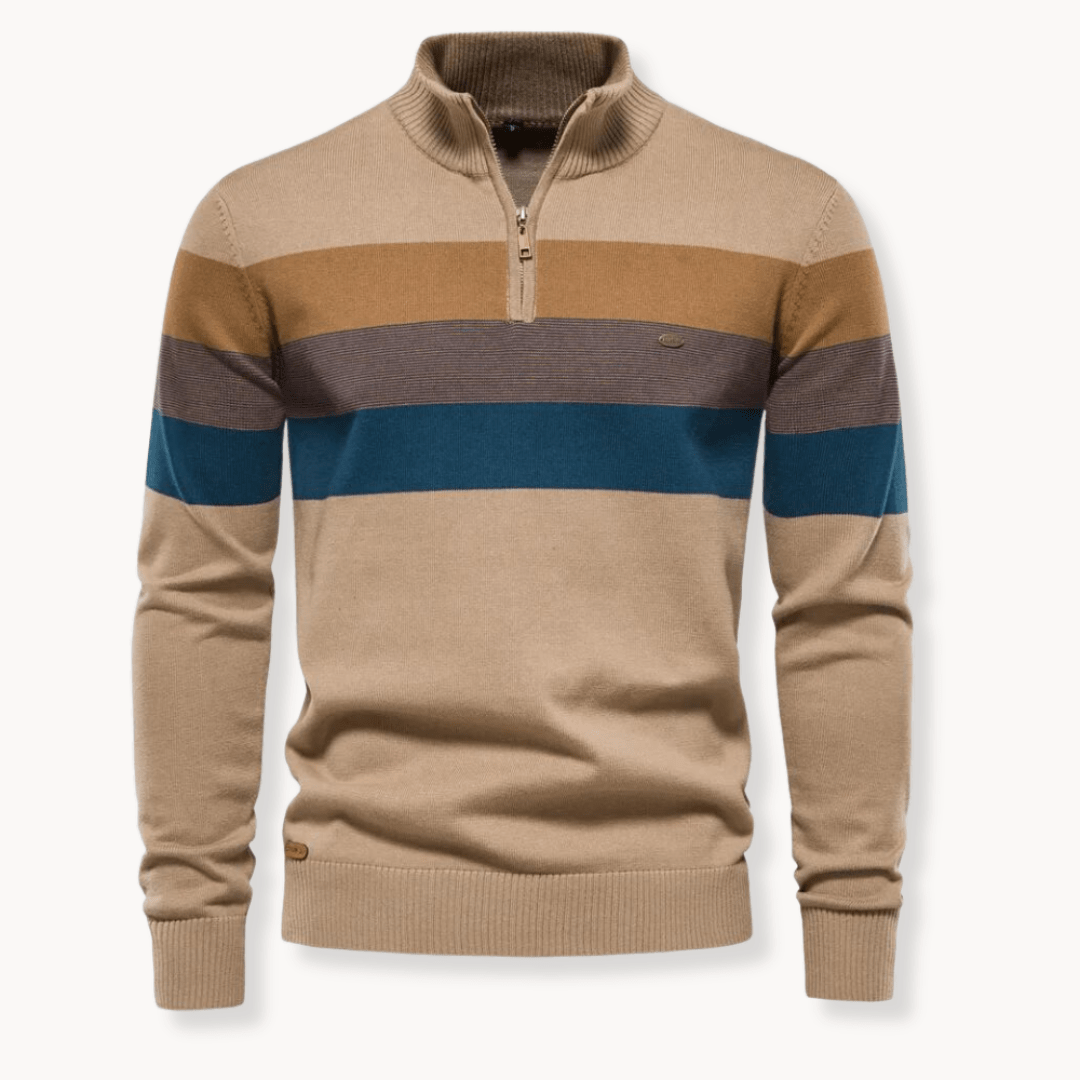 Fabian – Striped Knit Jumper with Quarter Zip - Sweater - Khaki - Jones & Smith