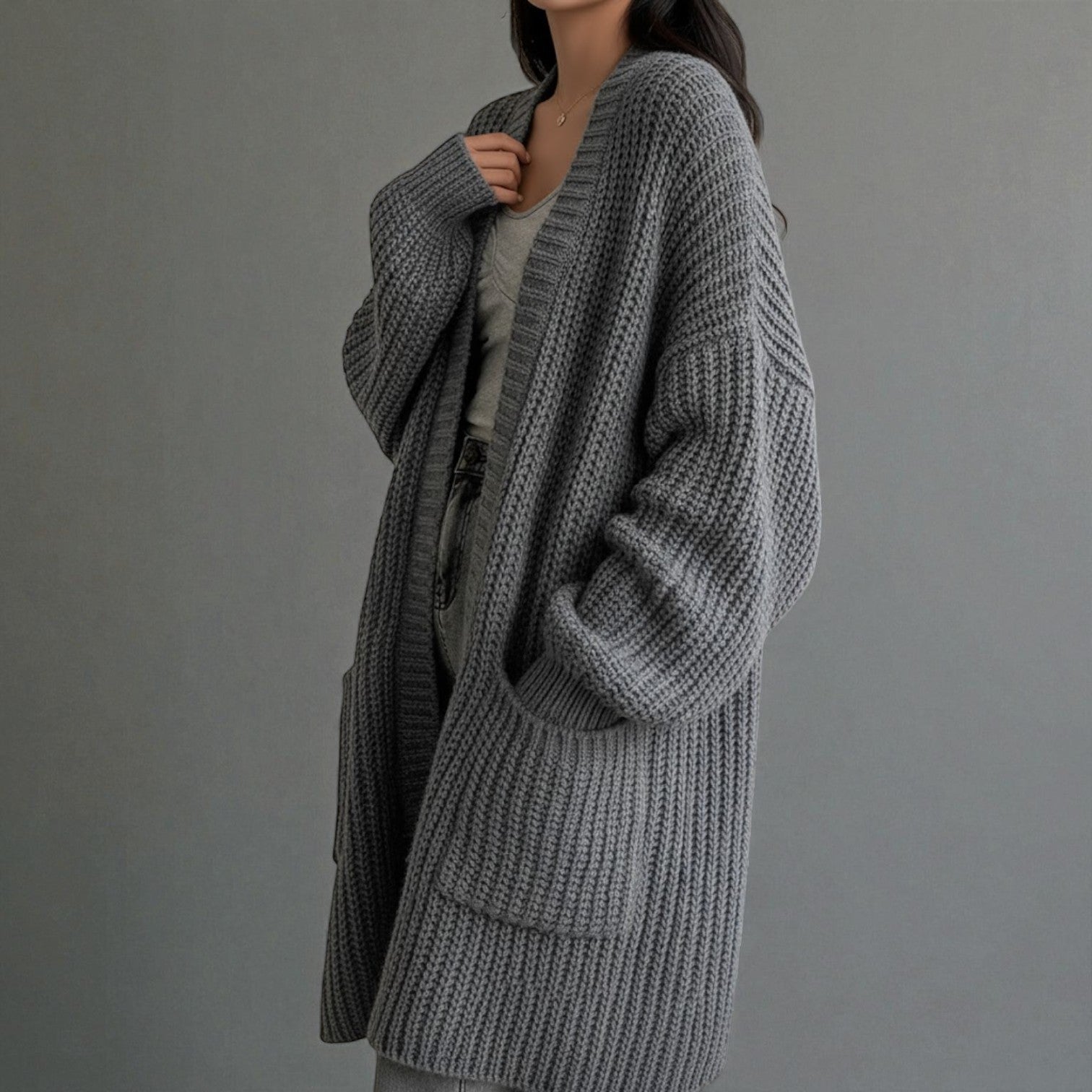 Freja – Women's Wool Winter Cardigan Long with Pockets - Cardigans - Dark grey - Jones & Smith