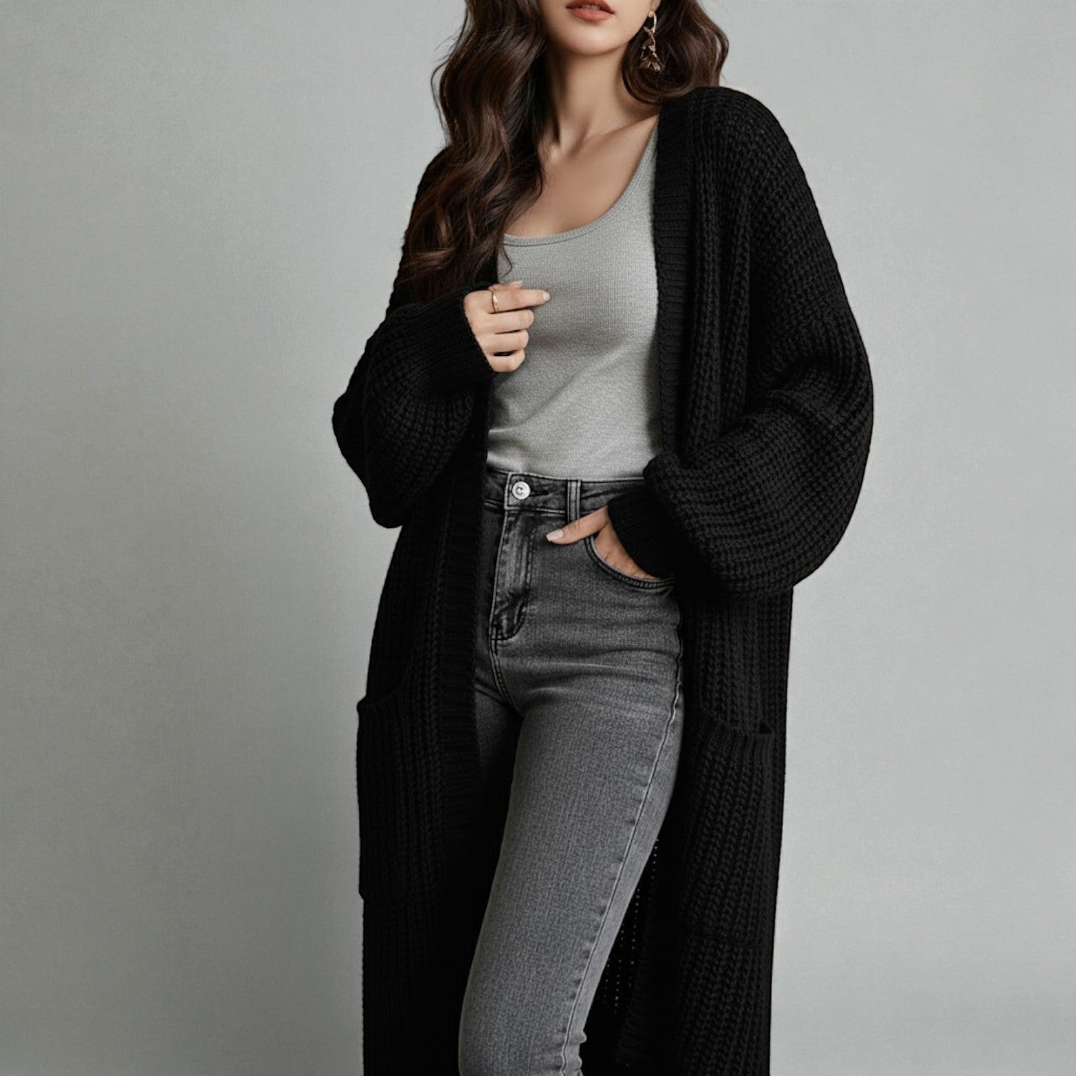 Freja – Women's Wool Winter Cardigan Long with Pockets - Cardigans - Black - Jones & Smith