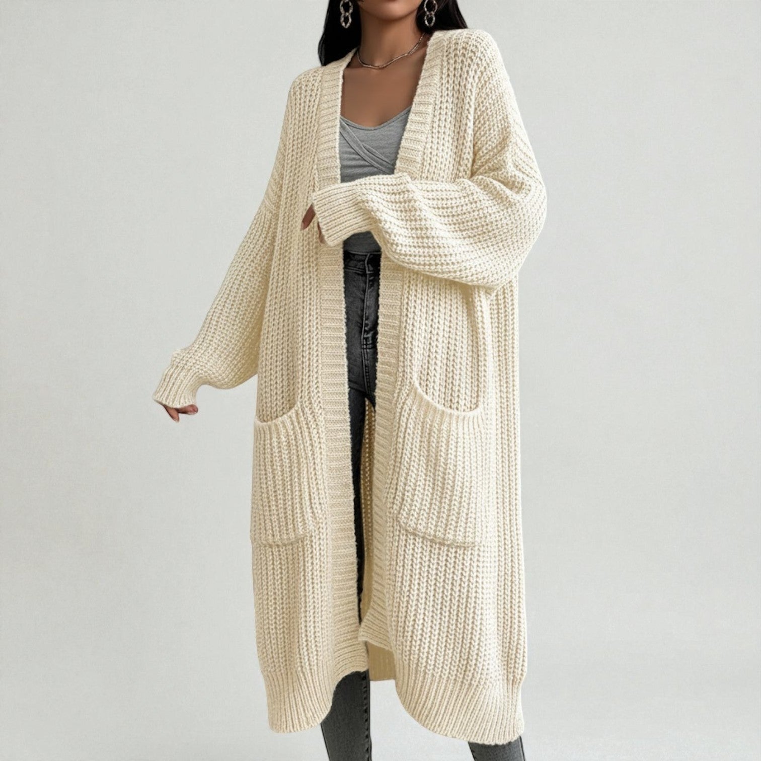Freja – Women's Wool Winter Cardigan Long with Pockets - Cardigans - Beige - Jones & Smith