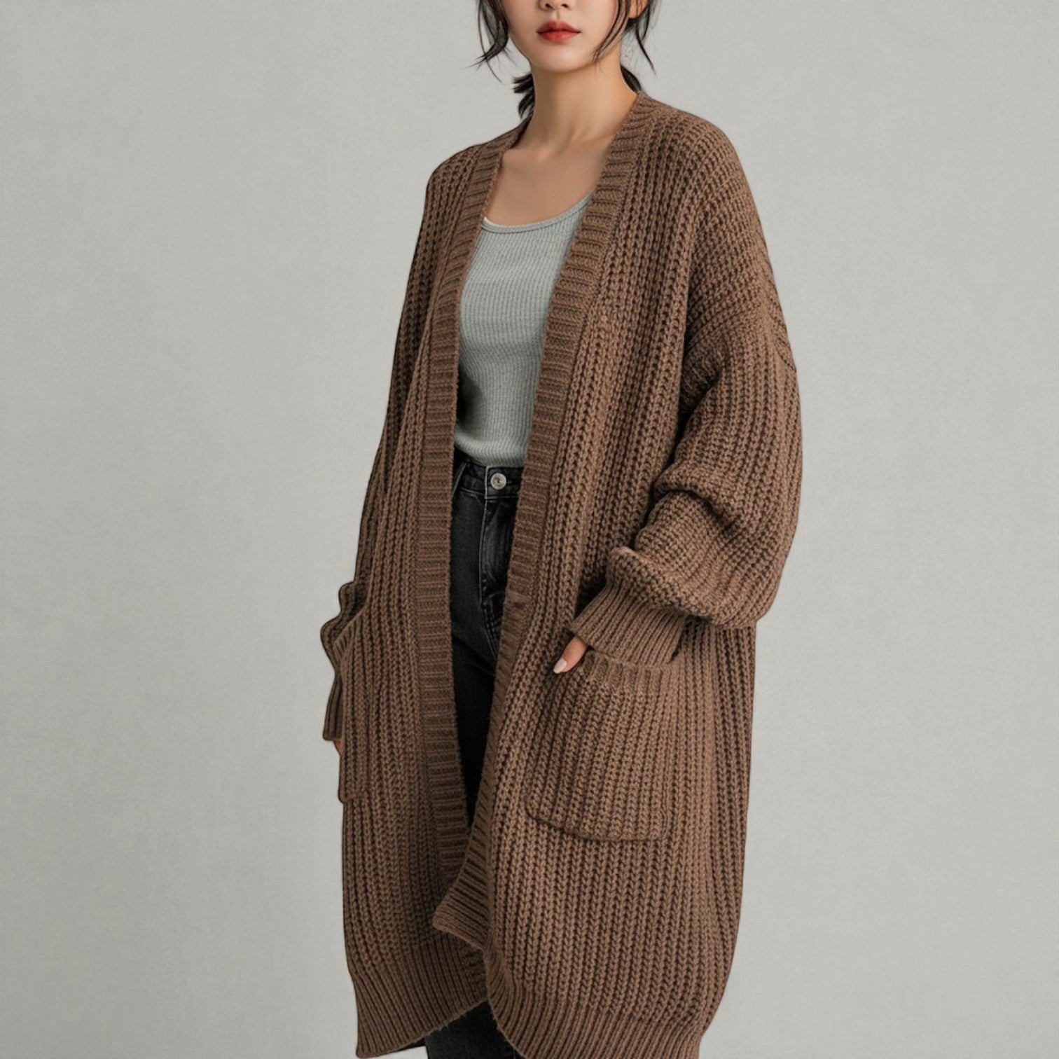 Freja – Women's Wool Winter Cardigan Long with Pockets - Cardigans - Khaki - Jones & Smith