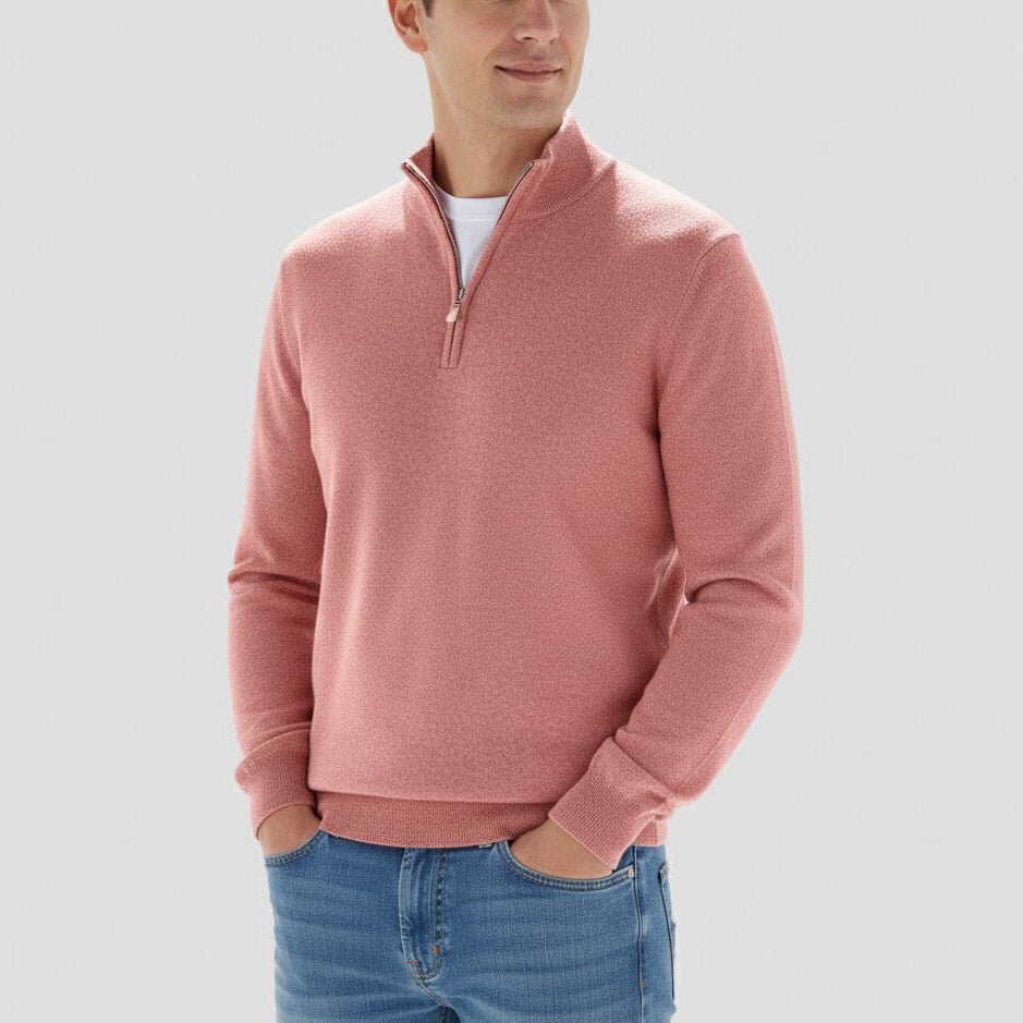 Godric – Men's Knit Jumper with Half Zip - Sweater - Pink - Jones & Smith