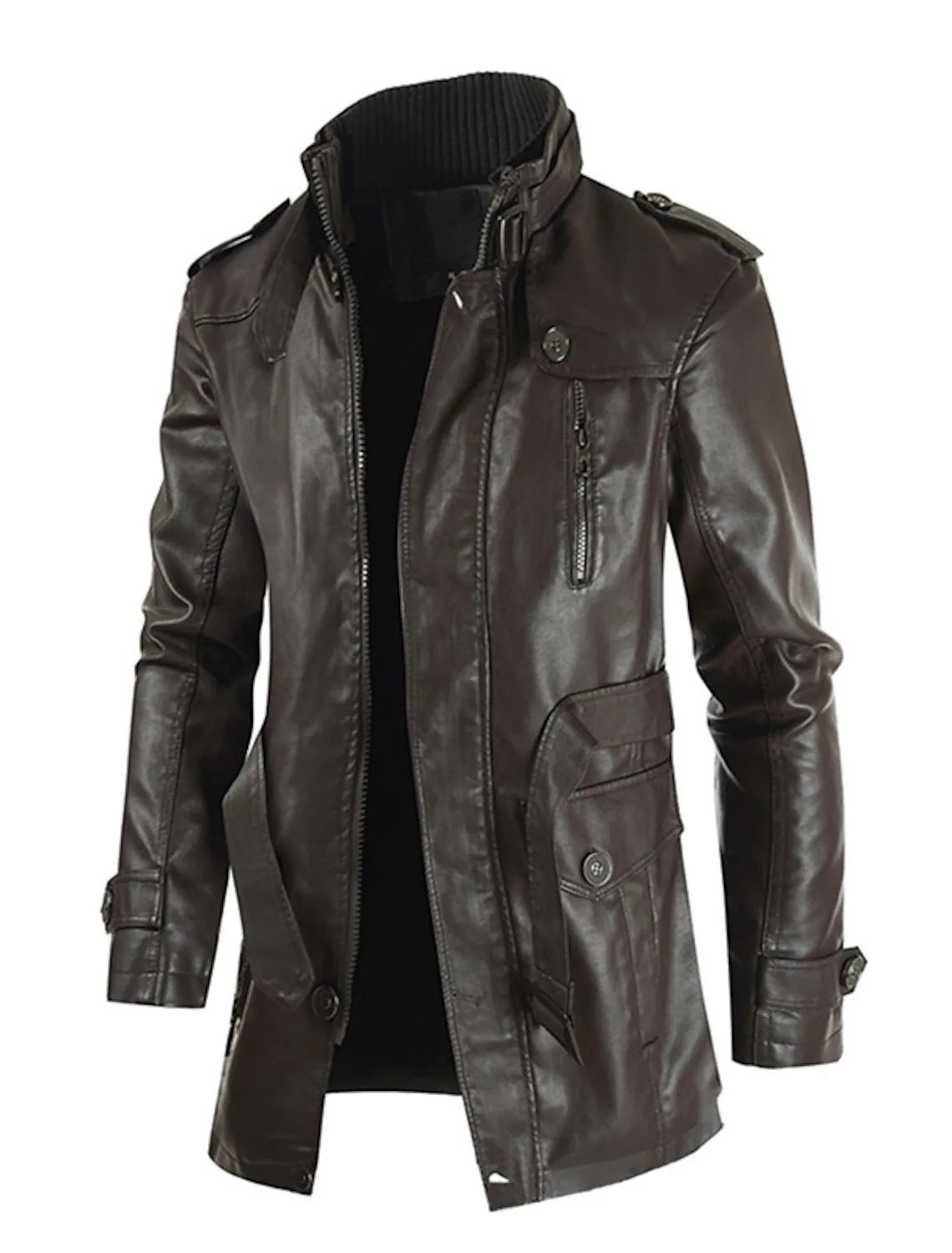 Hubert - Long Leather Jacket with Zip and Practical Pockets