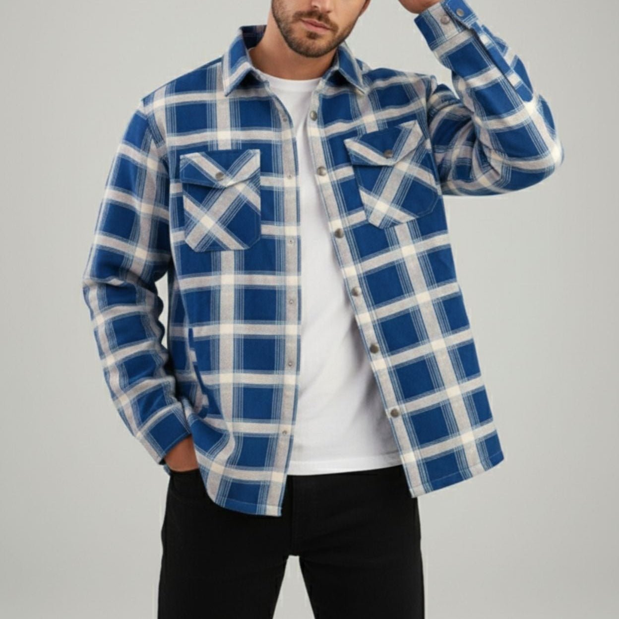 Ilias – Men's Cotton Overshirt - Flannel - Blue - Jones & Smith
