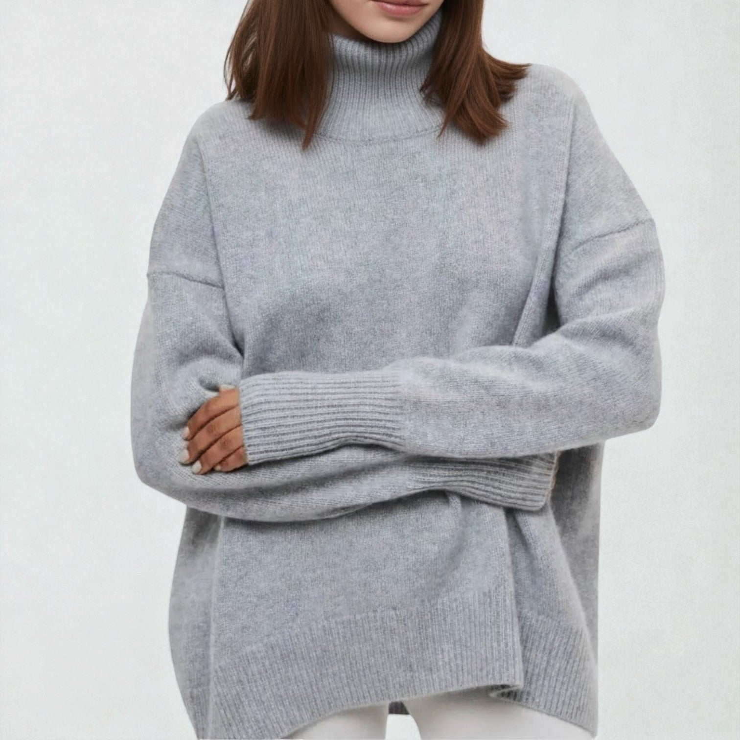 Isalie – Women's Cotton Roll Neck Jumper - Sweater - Grey - Jones & Smith