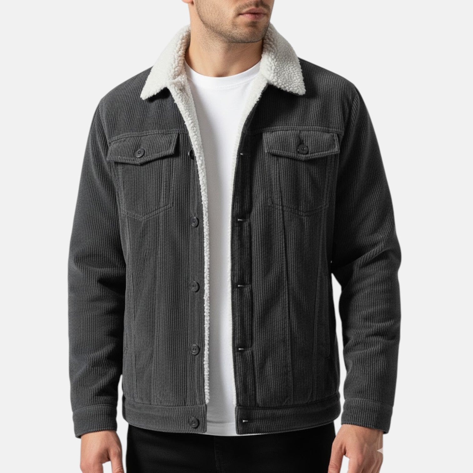 Jaro – Men's Cord Jacket in Cotton with Teddy Lining - Corduroy jacket - Grey - Jones & Smith