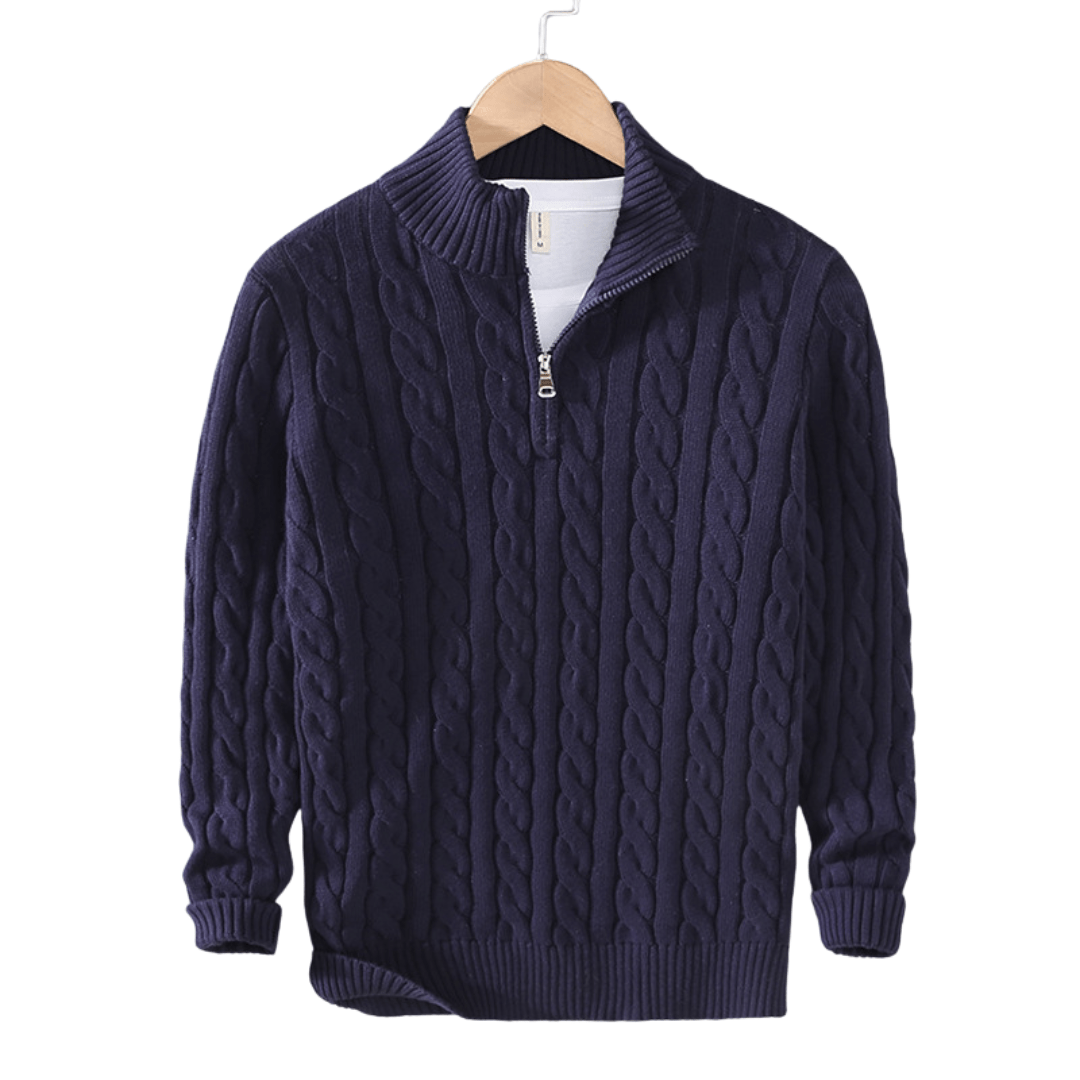Jonas – Knitted Jumper with Half Zip and High Collar - Sweater - Navy Blue - Jones & Smith