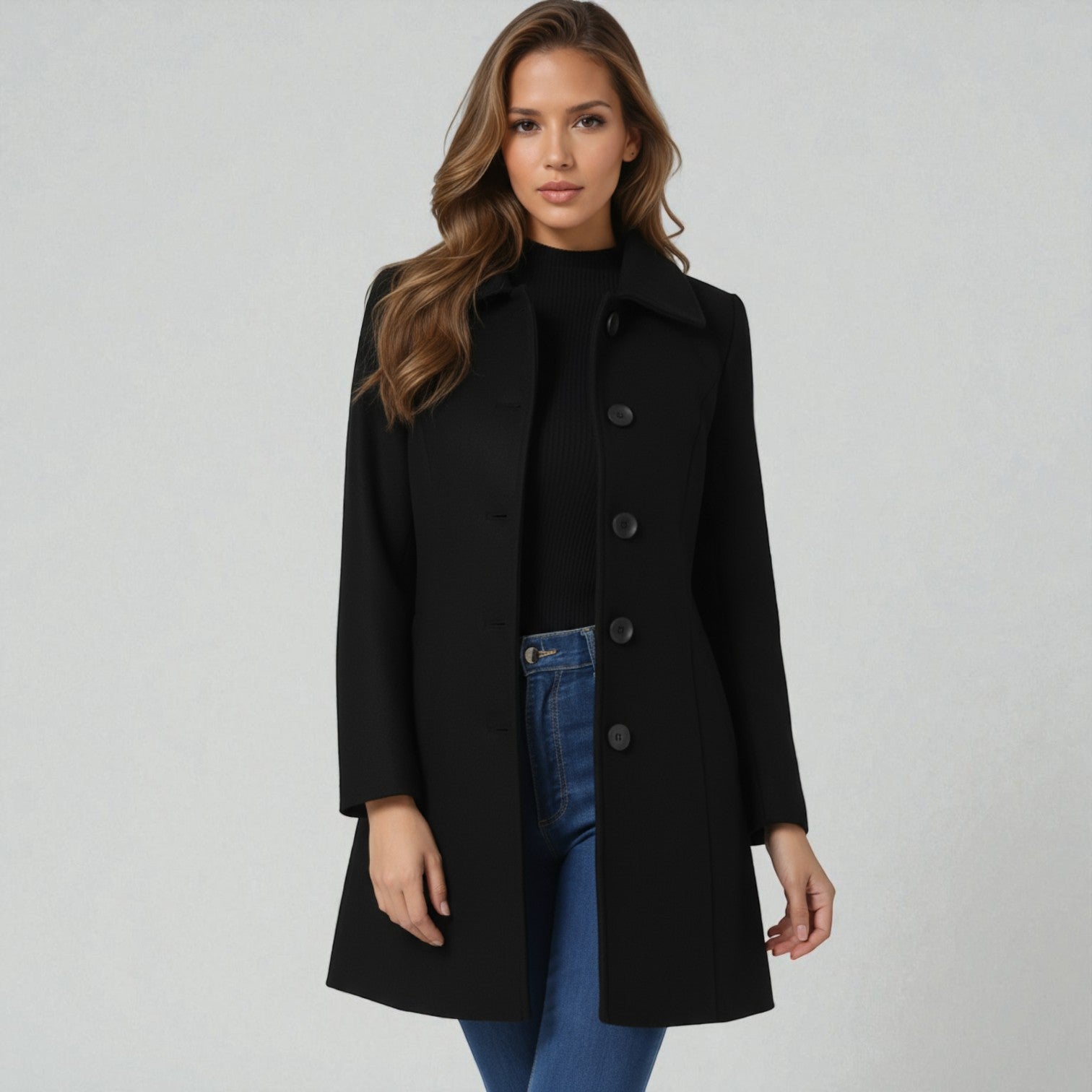 Josephine – Women's Wool Coat with Button Placket - Jacket - Black - Jones & Smith