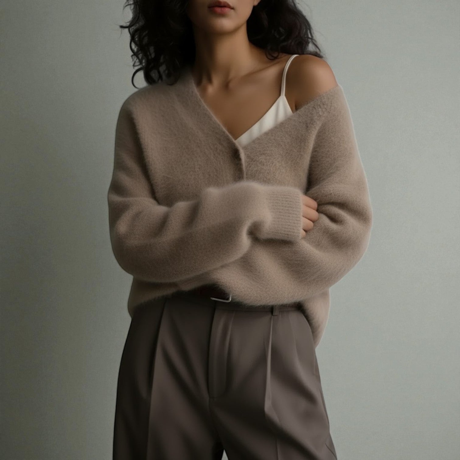 Karlyn – Women's Knitted Jumper with V - Neck - Cardigans - Khaki - Jones & Smith