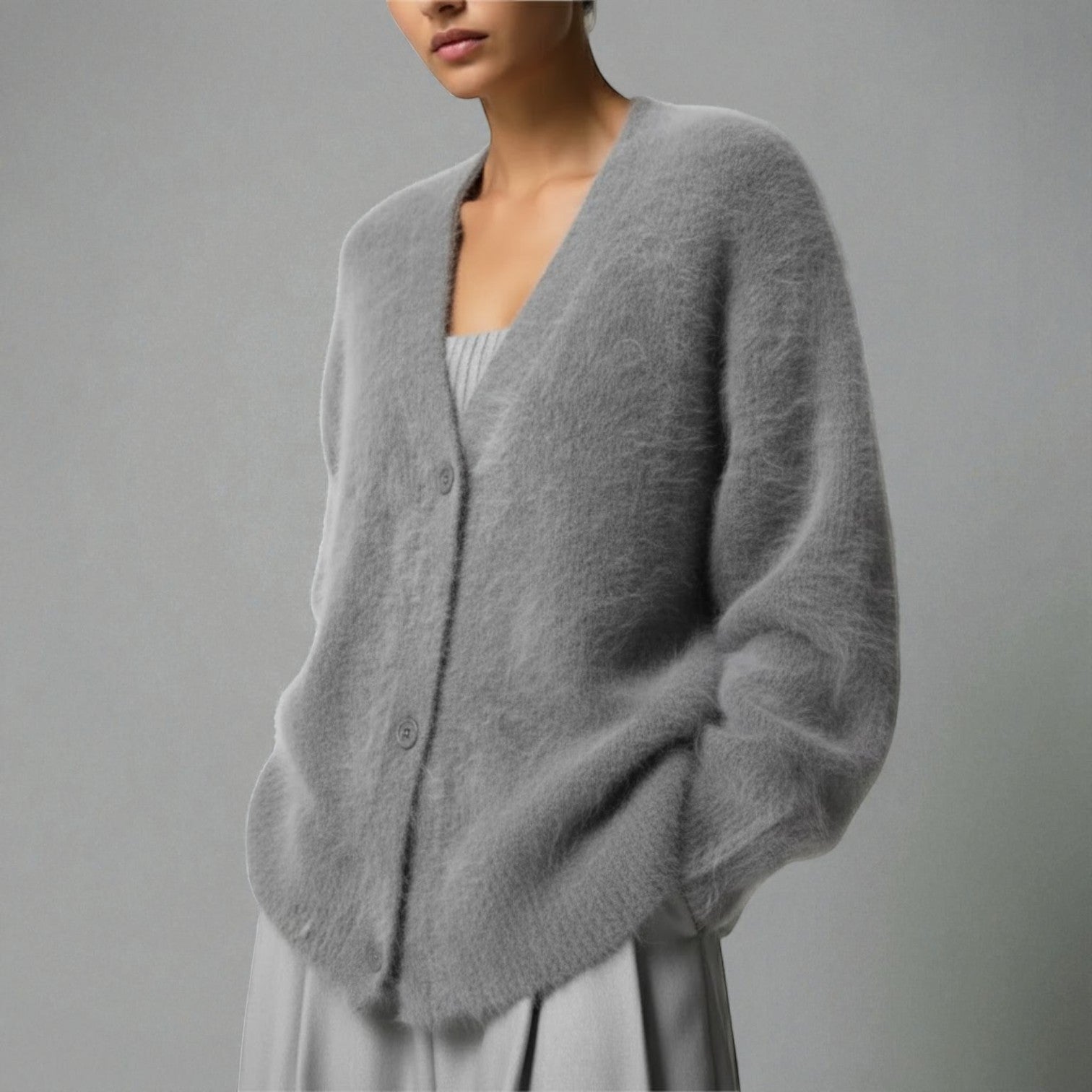 Karlyn – Women's Knitted Jumper with V - Neck - Cardigans - Dark grey - Jones & Smith