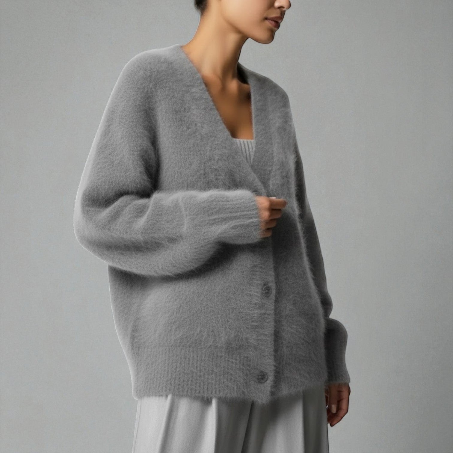 Karlyn – Women's Knitted Jumper with V - Neck - Cardigans - Dark grey - Jones & Smith