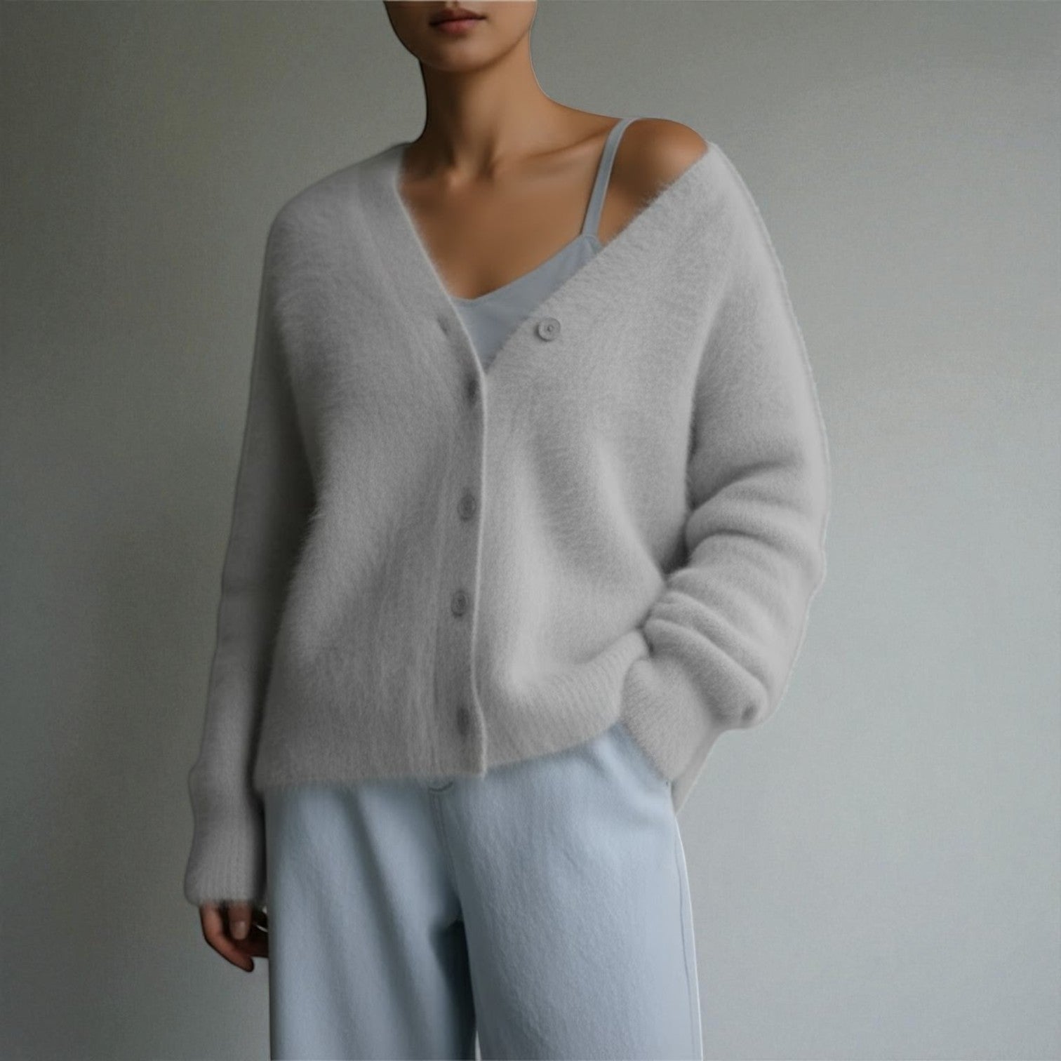 Karlyn – Women's Knitted Jumper with V - Neck - Cardigans - Dark grey - Jones & Smith