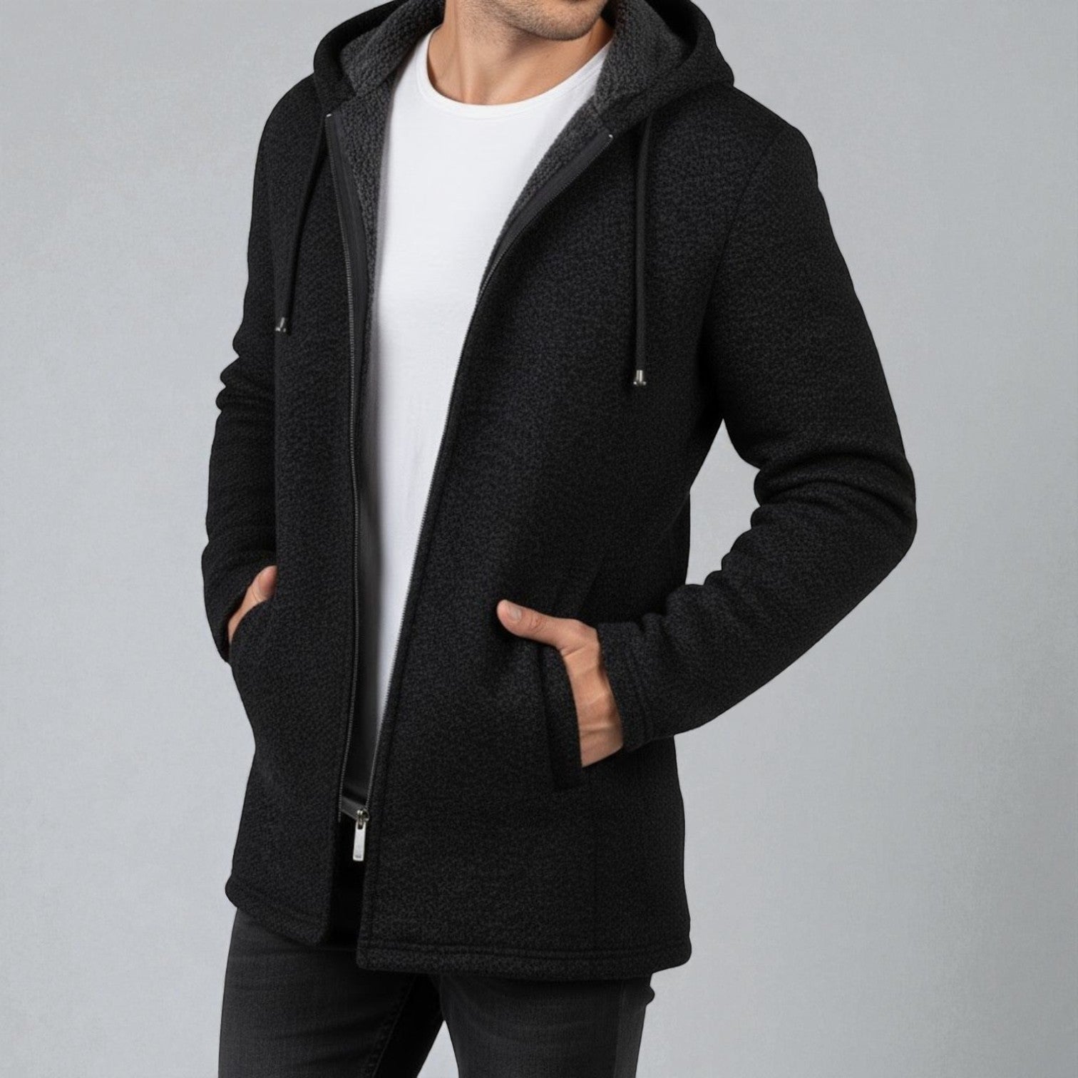 Leon – Longline Hoodie Men Fleece with Hood - Hooded Jacket - Black - Jones & Smith
