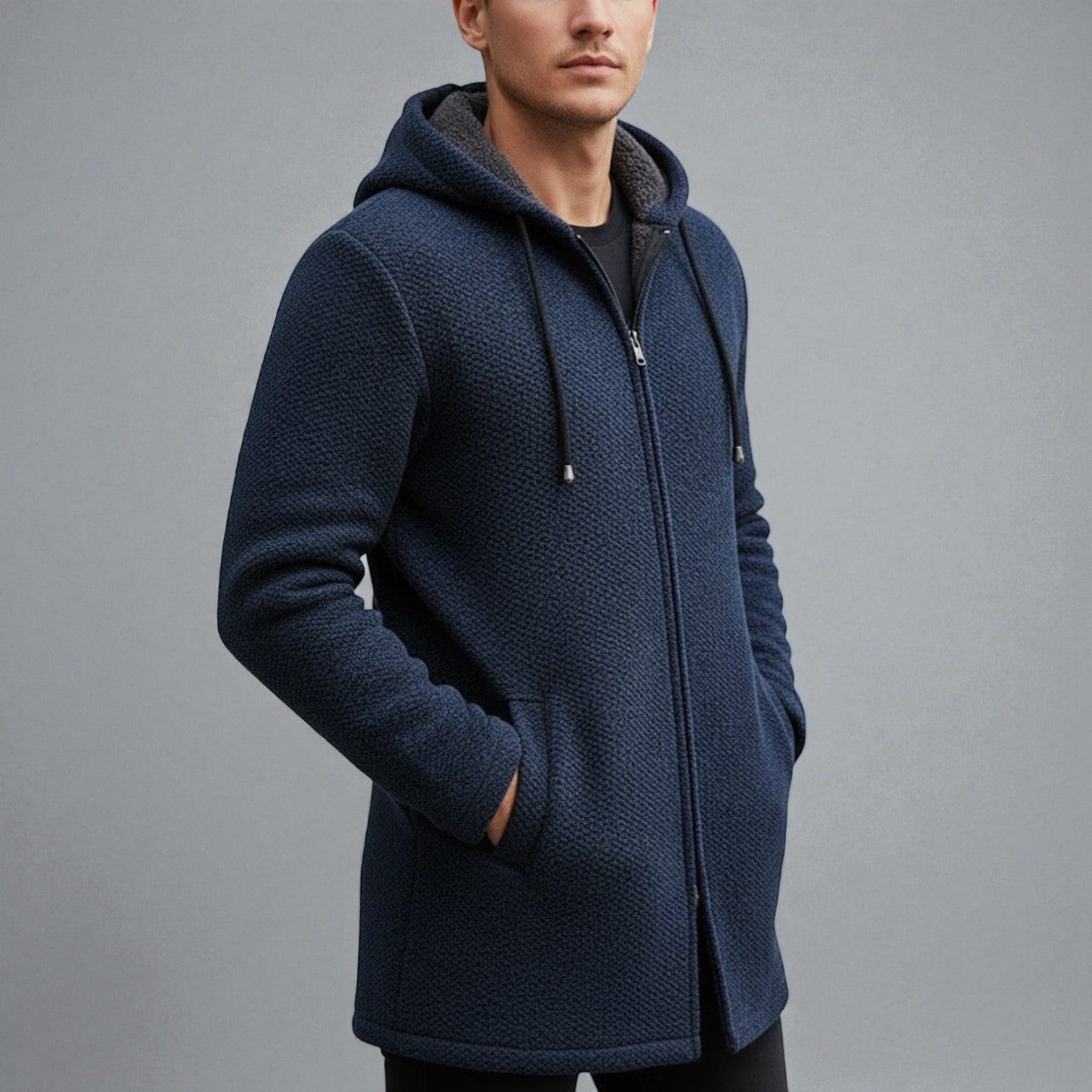Leon – Longline Hoodie Men Fleece with Hood - Hooded Jacket - Navy Blue - Jones & Smith