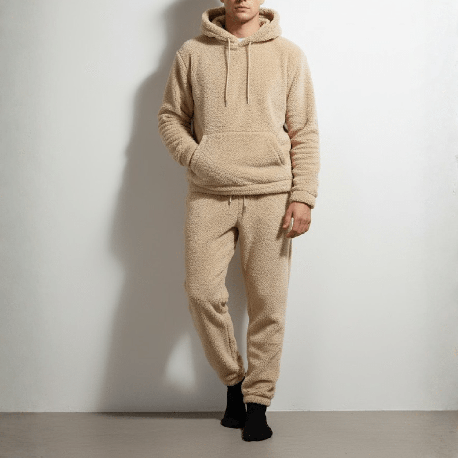 Leon - Men's Fleece Jogging Suit Two - Piece with Hoodie & Trousers - 2 - Piece Sets - Beige - Jones & Smith