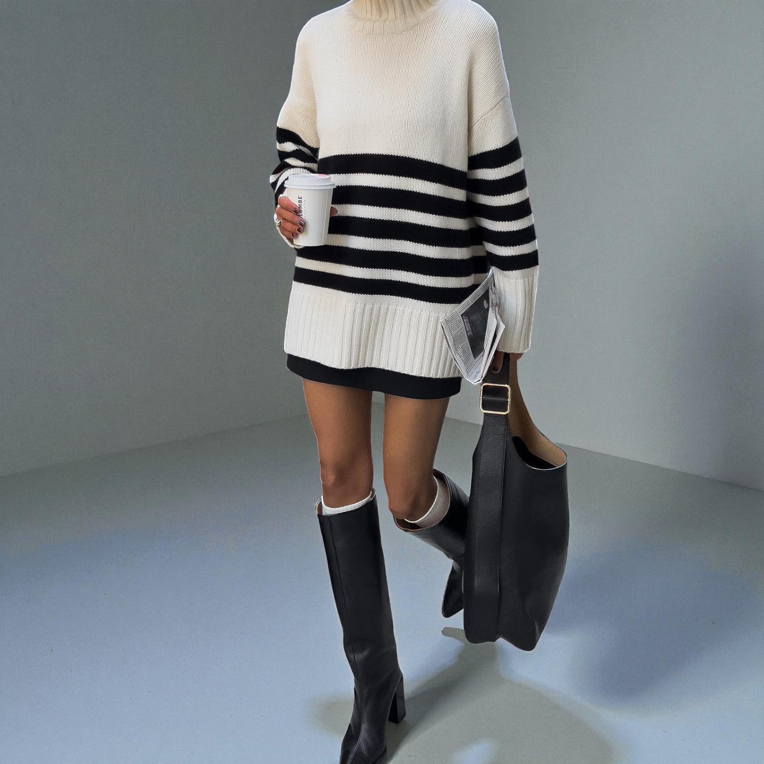 Lina – Women's Knitted Jumper with Stand - Up Collar & Stripes - Sweater - White - Jones & Smith