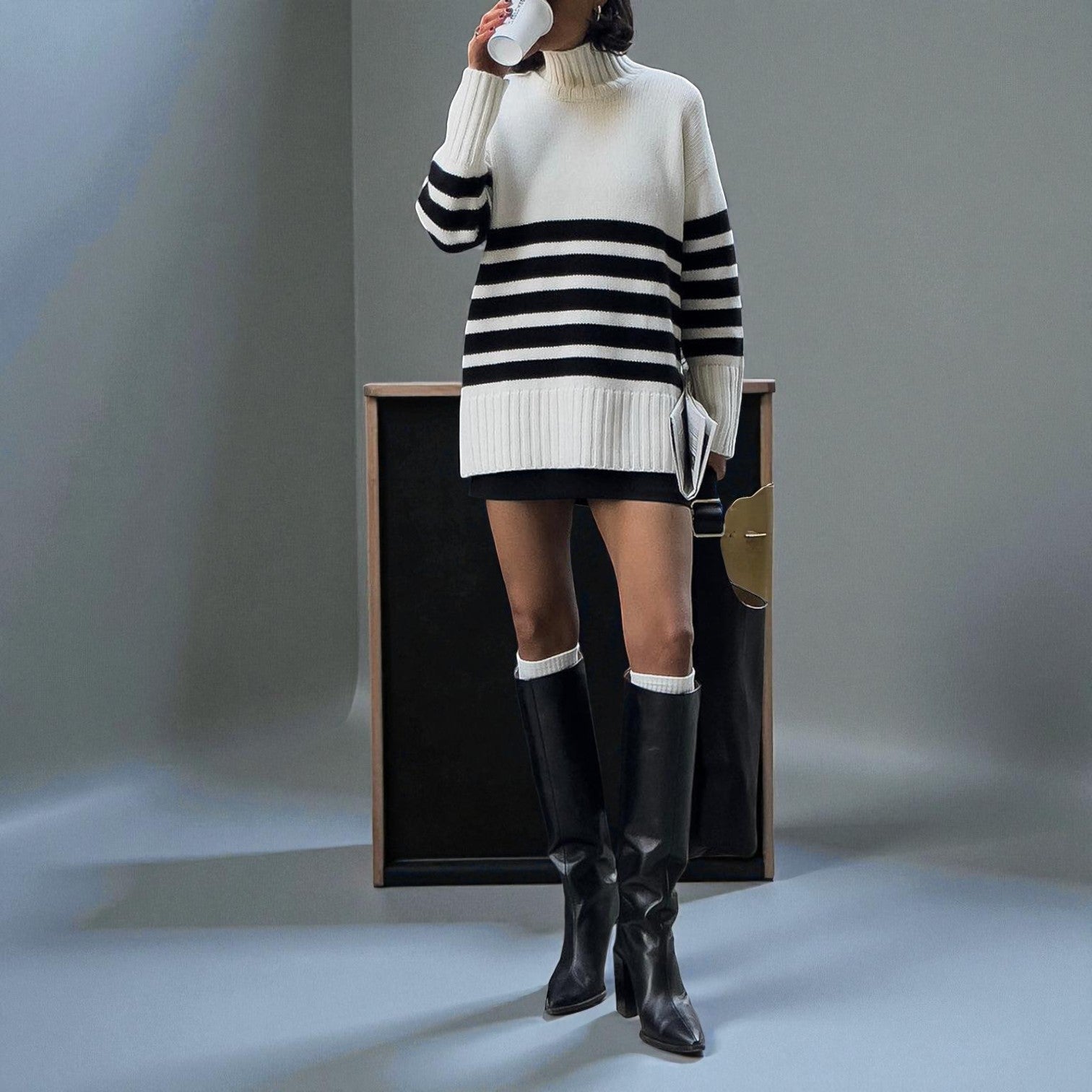 Lina – Women's Knitted Jumper with Stand - Up Collar & Stripes - Sweater - White - Jones & Smith