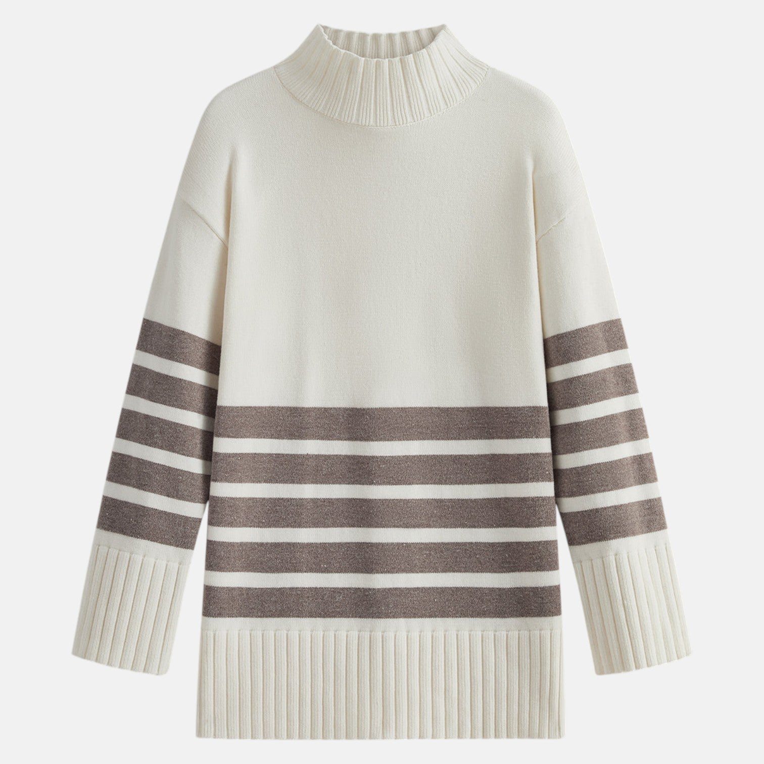 Lina – Women's Knitted Jumper with Stand - Up Collar & Stripes - Sweater - Khaki - Jones & Smith