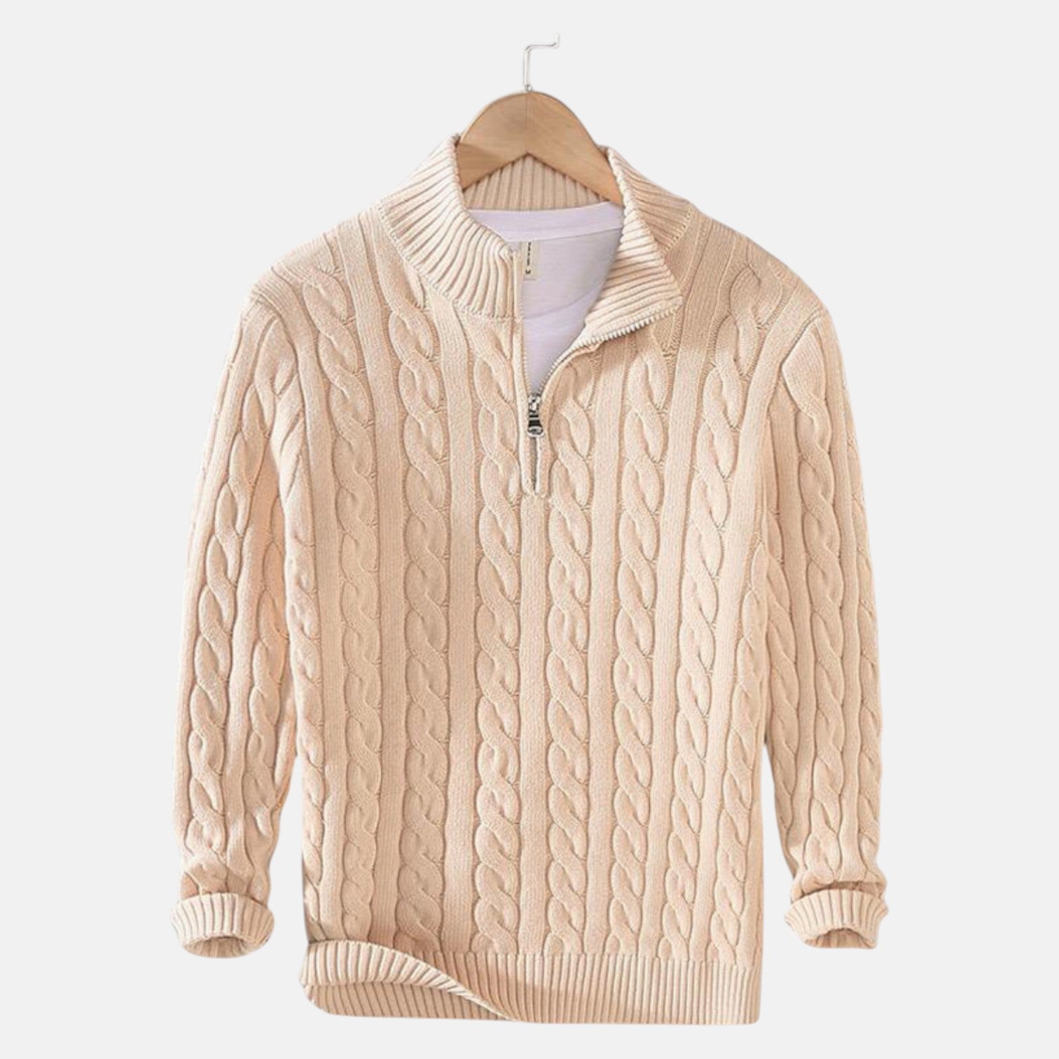 Lior – Men's Cotton Cable Knit Jumper with Zip - Sweater - Beige - Jones & Smith
