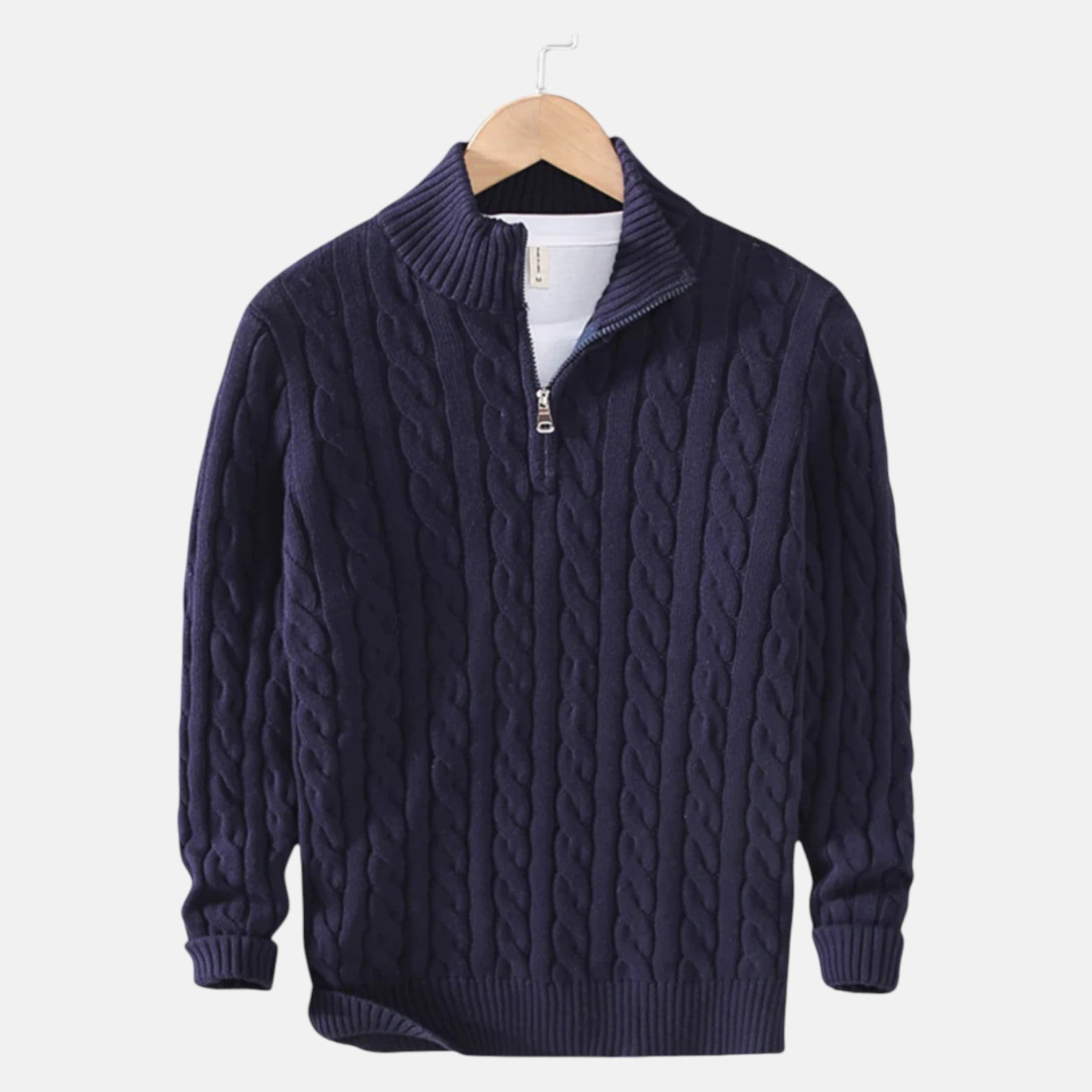 Lior – Men's Cotton Cable Knit Jumper with Zip - Sweater - Navy Blue - Jones & Smith