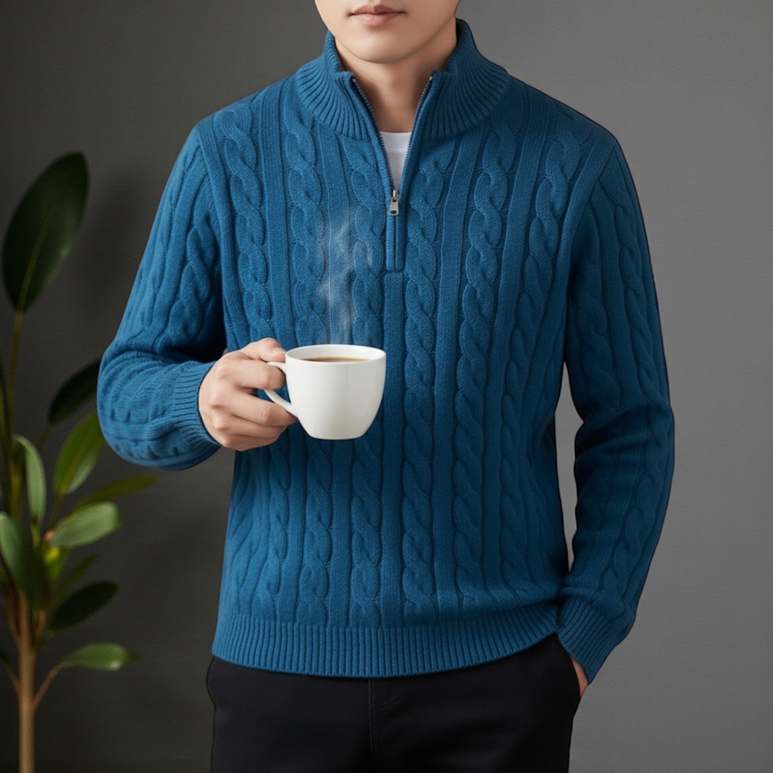 Lior – Men's Cotton Cable Knit Jumper with Zip - Sweater - Blue - Jones & Smith