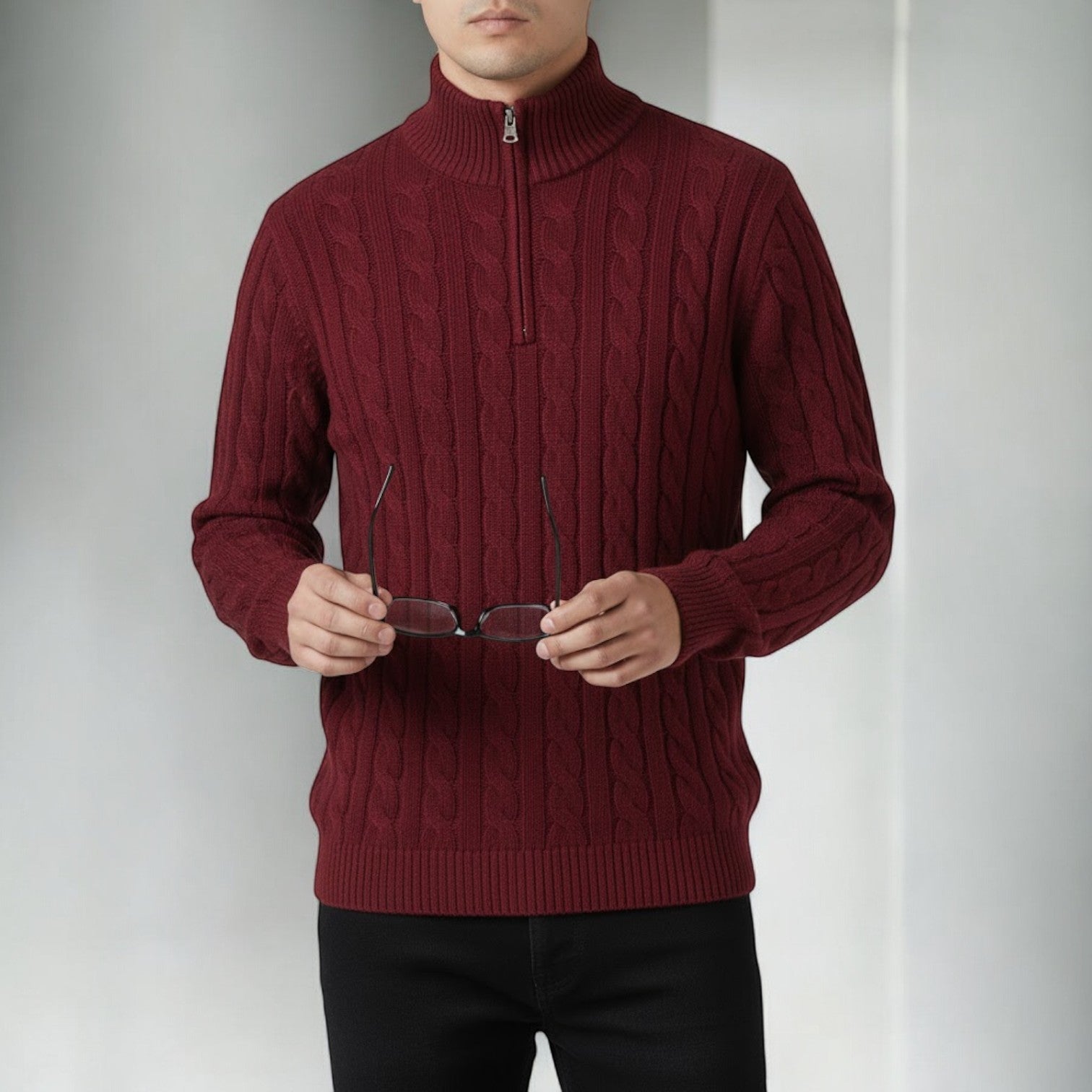 Lior – Men's Cotton Cable Knit Jumper with Zip - Sweater - Red - Jones & Smith
