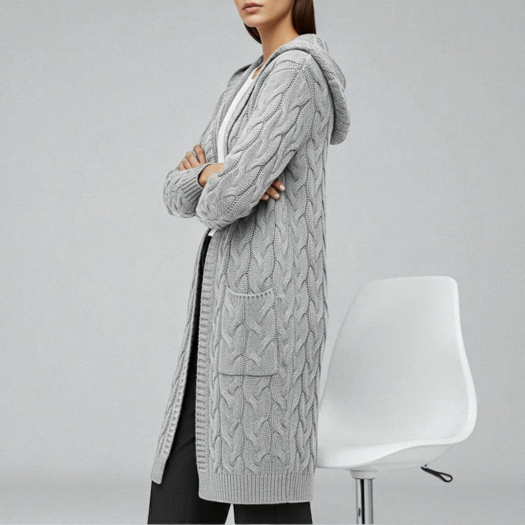 Liora – Women's Cable Knit Long Open Cardigan - Cardigans - Grey - Jones & Smith
