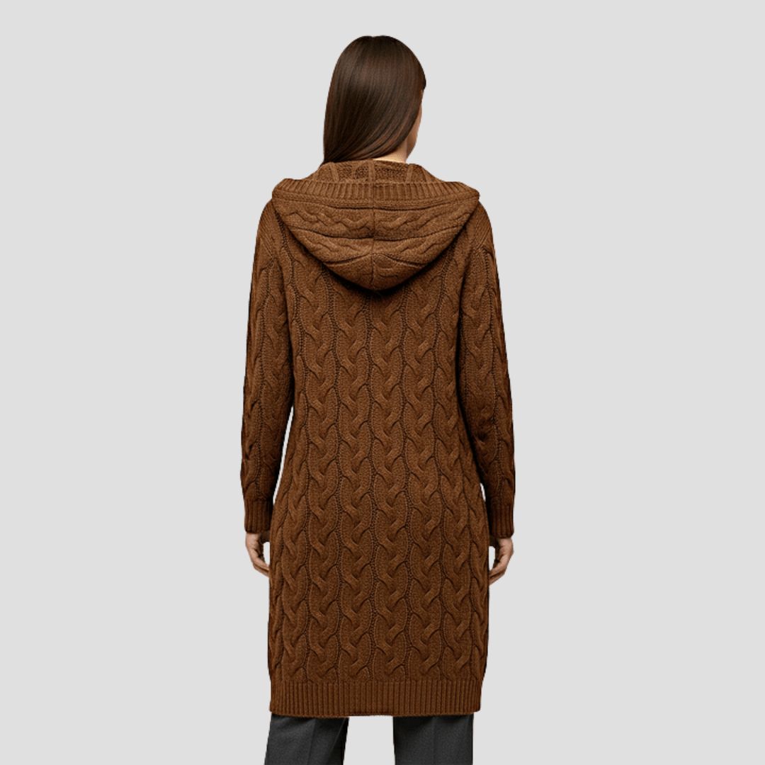 Liora – Women's Cable Knit Long Open Cardigan - Cardigans - Brown - Jones & Smith
