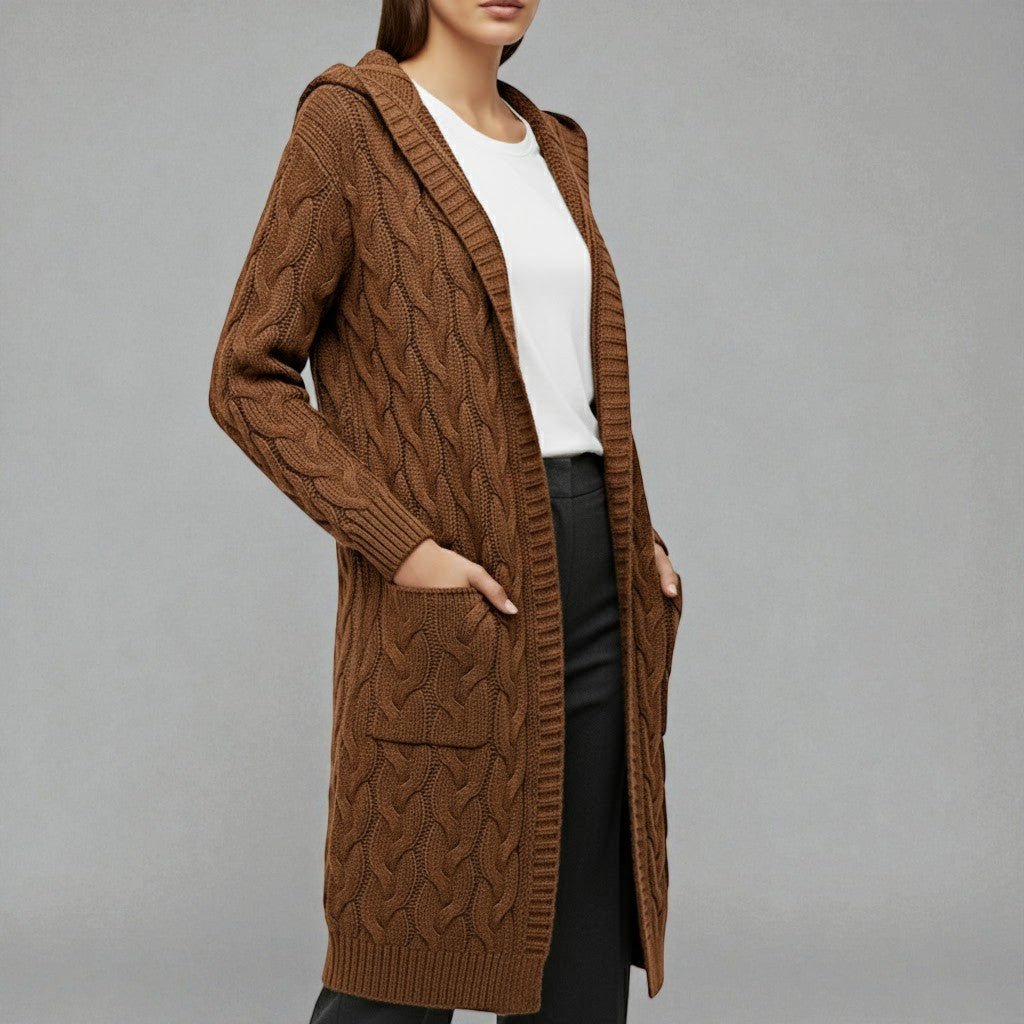 Liora – Women's Cable Knit Long Open Cardigan - Cardigans - Brown - Jones & Smith