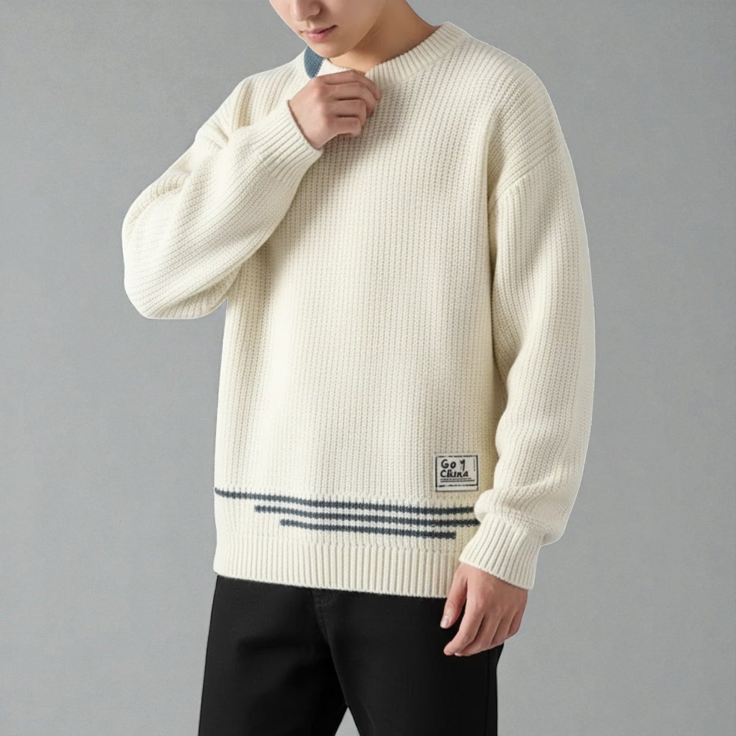 Lunaro – Men's Cotton Crew Neck Jumper - Sweater - Beige - Jones & Smith