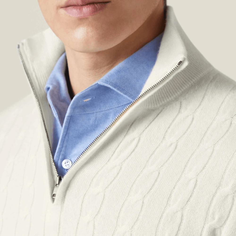 Marc – Long Sleeve Knit Pullover with Zip - Sweater - White - Jones & Smith