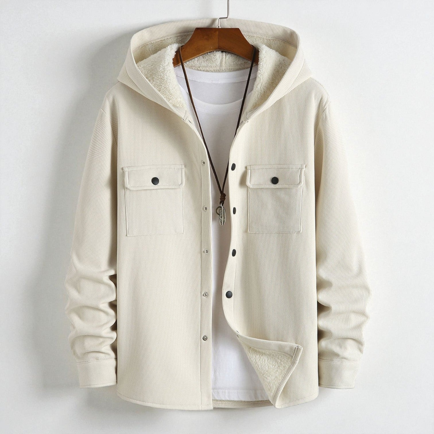 Milo – Men's Hooded Shirt in Waffle Fabric with Fleece - Hooded Jacket - Beige - Jones & Smith