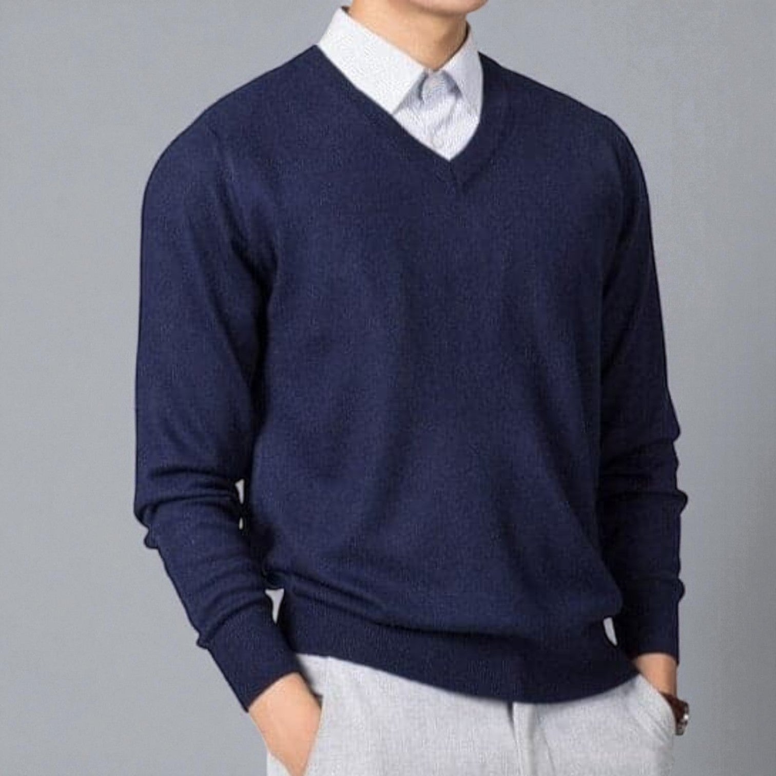 Nevan – Men's V - Neck Jumper Fine Knit - Sweater - Dark Blue - Jones & Smith