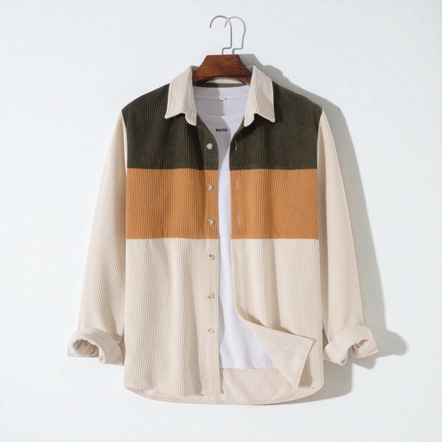 Nilo – Men's Cord Shirt with Patchwork & Long Sleeves - Long - sleeved polo shirt - Beige - Jones & Smith