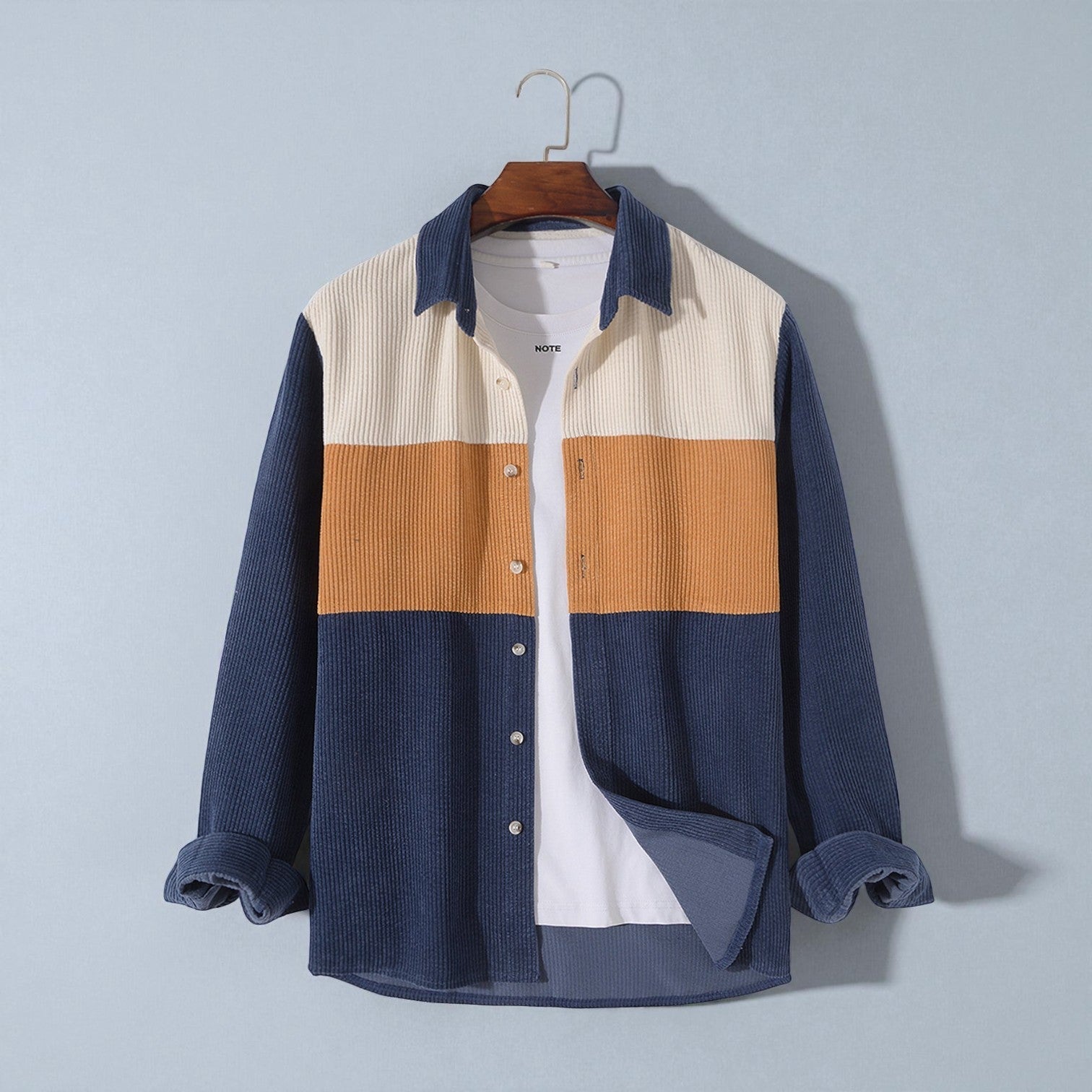 Nilo – Men's Cord Shirt with Patchwork & Long Sleeves - Long - sleeved polo shirt - Navy Blue - Jones & Smith