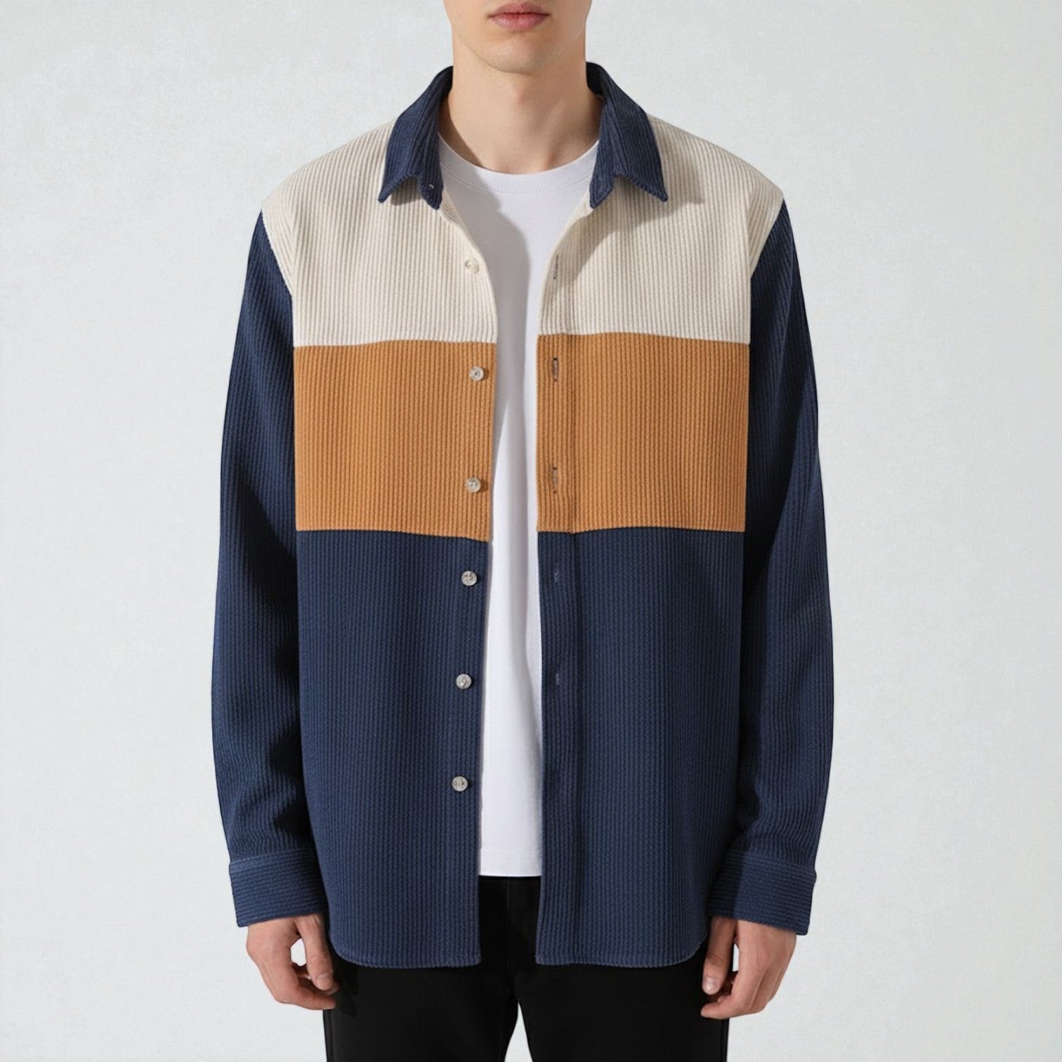 Nilo – Men's Cord Shirt with Patchwork & Long Sleeves - Long - sleeved polo shirt - Navy Blue - Jones & Smith