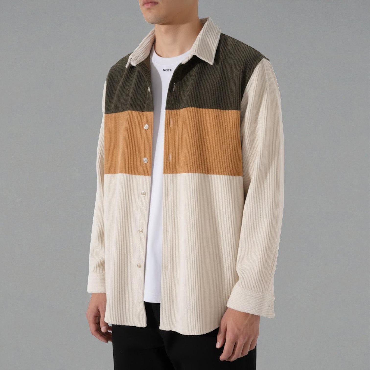 Nilo – Men's Cord Shirt with Patchwork & Long Sleeves - Long - sleeved polo shirt - Beige - Jones & Smith