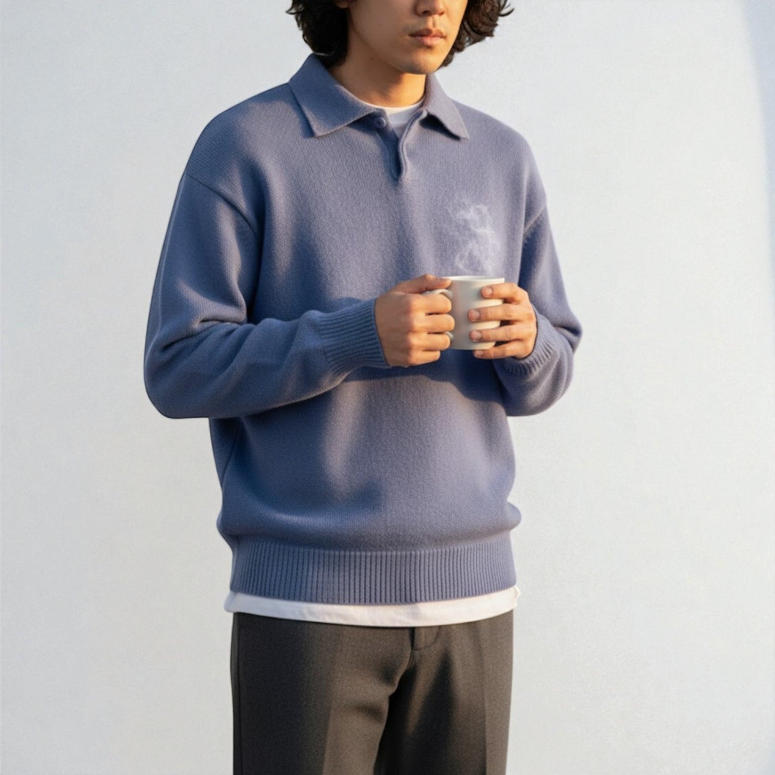 Nilo – Men's Cotton Jumper with Polo Collar - Sweater - Blue - Jones & Smith