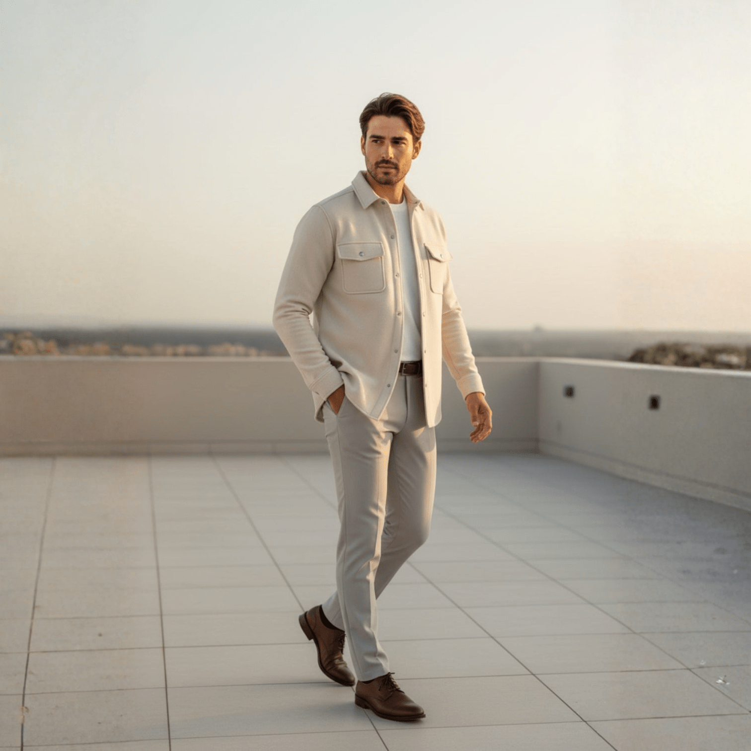 Noel – Men's Winter Overshirt Stone - Long Sleeve Polo Shirt - Beige - Jones & Smith