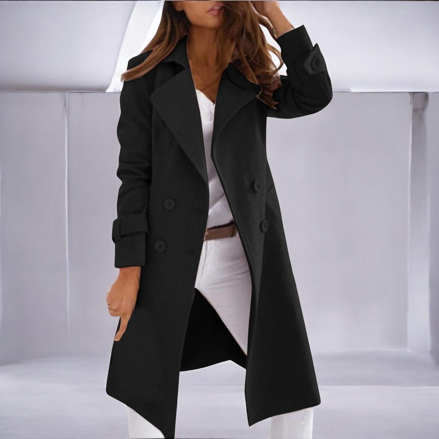 Priya – Women's Coat in Mid - Length with Notched Collar - Coats - Black - Jones & Smith