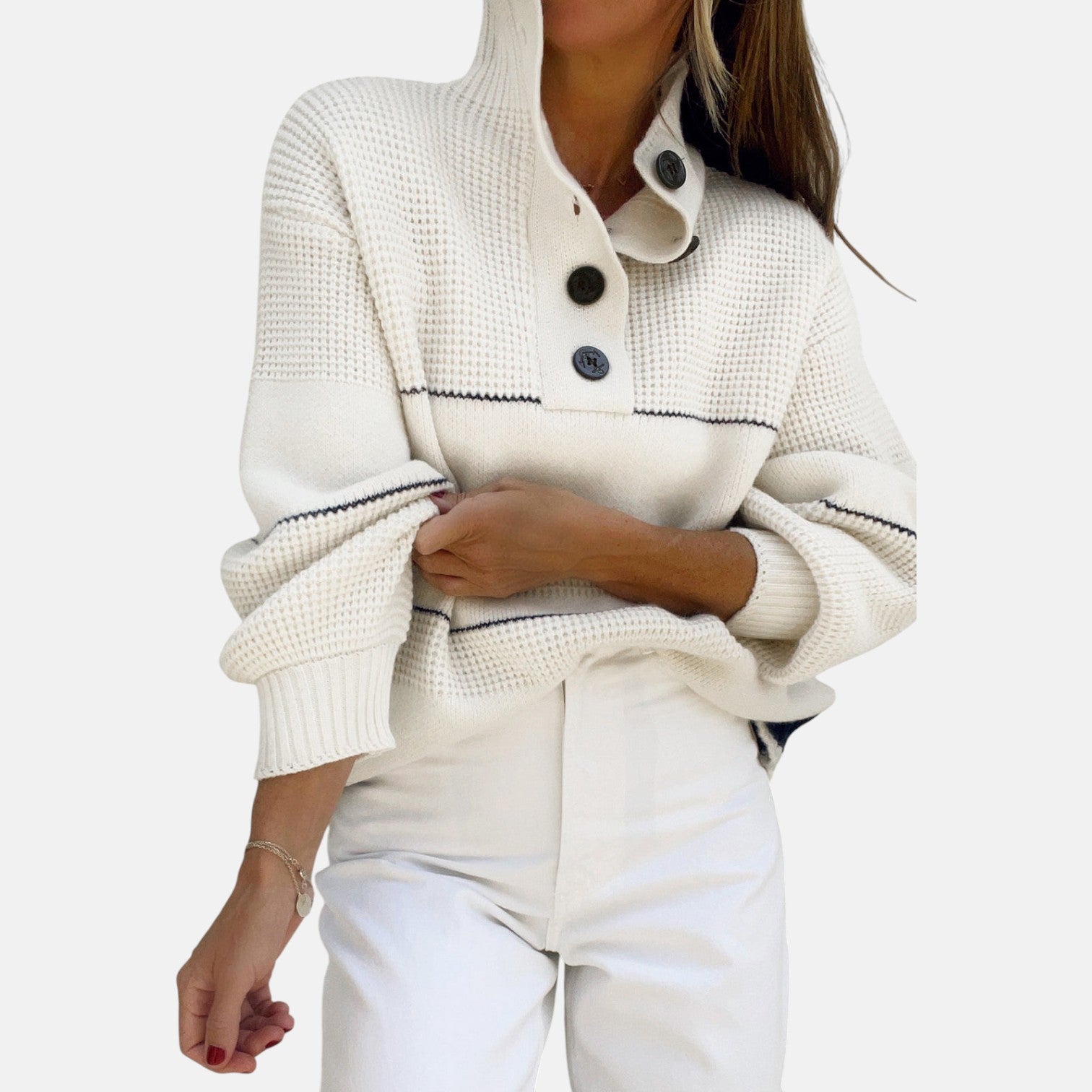 Sana – Women's Knitted Jumper with Button Placket & Open Collar - Sweater - White - Jones & Smith