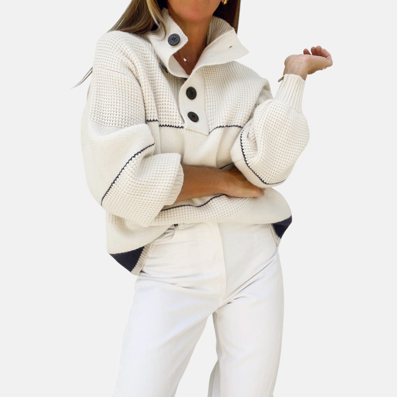 Sana – Women's Knitted Jumper with Button Placket & Open Collar - Sweater - White - Jones & Smith