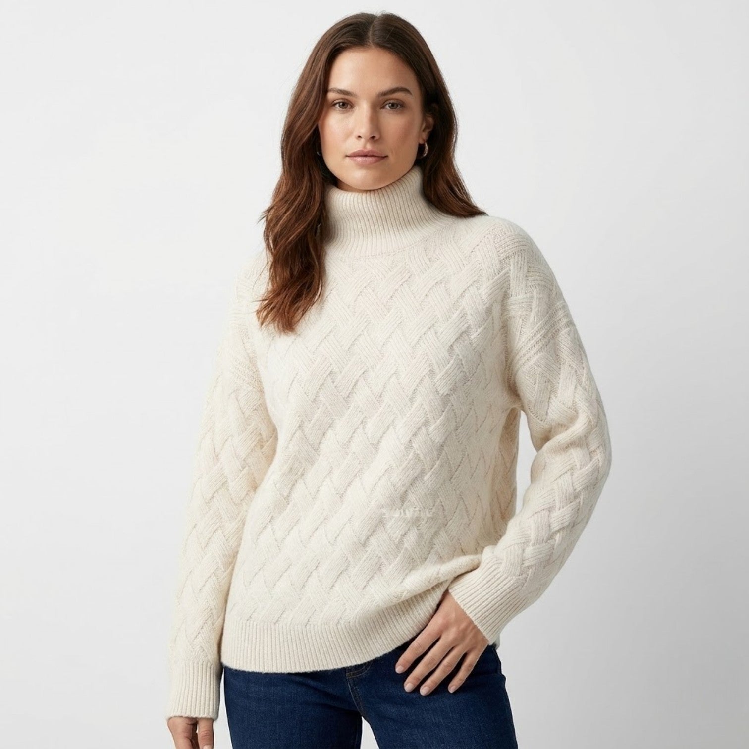 Sena – Women's Wool Sweater with Cable Pattern - Sweater - White - Jones & Smith
