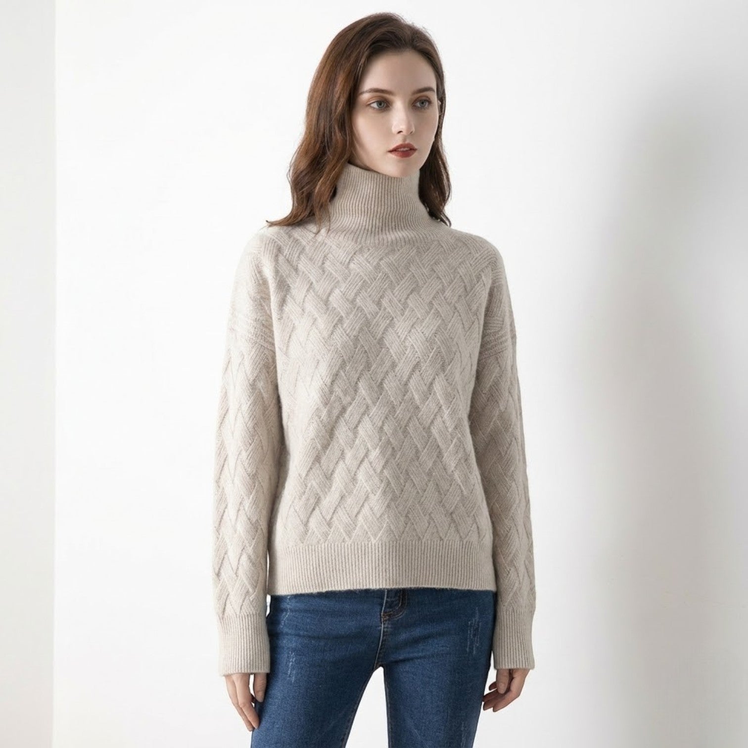 Sena – Women's Wool Sweater with Cable Pattern - Sweater - Grey - Jones & Smith