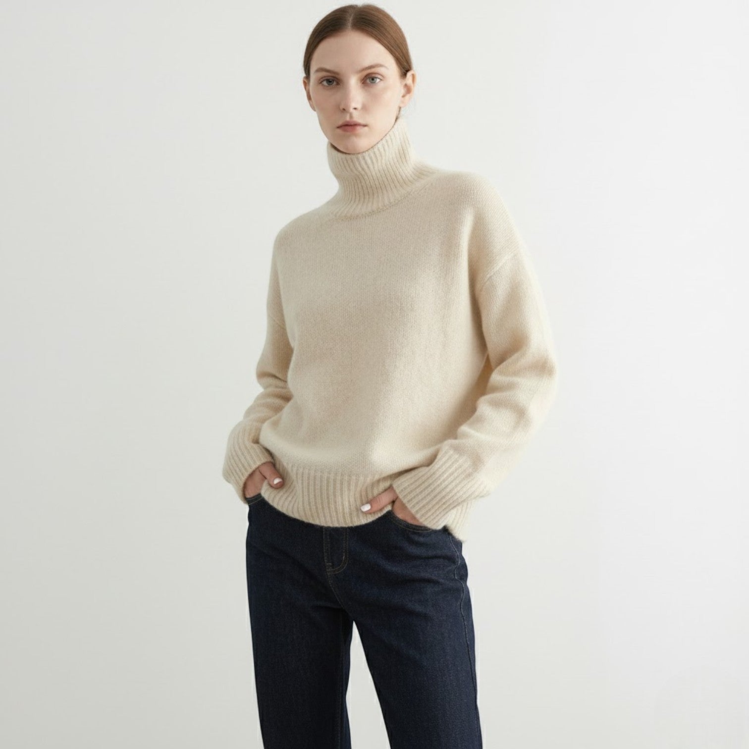 Sophie – Women's Wool Roll Neck Jumper - Sweater - Beige - Jones & Smith