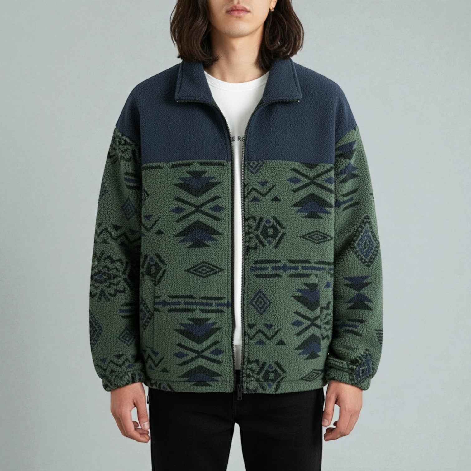 Tamo – Men's Teddy Fleece Jacket with Aztec Pattern - Jacket - Olive Green - Jones & Smith