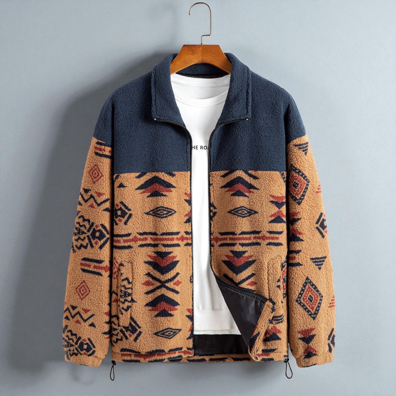Tamo – Men's Teddy Fleece Jacket with Aztec Pattern - Jacket - Beige - Jones & Smith